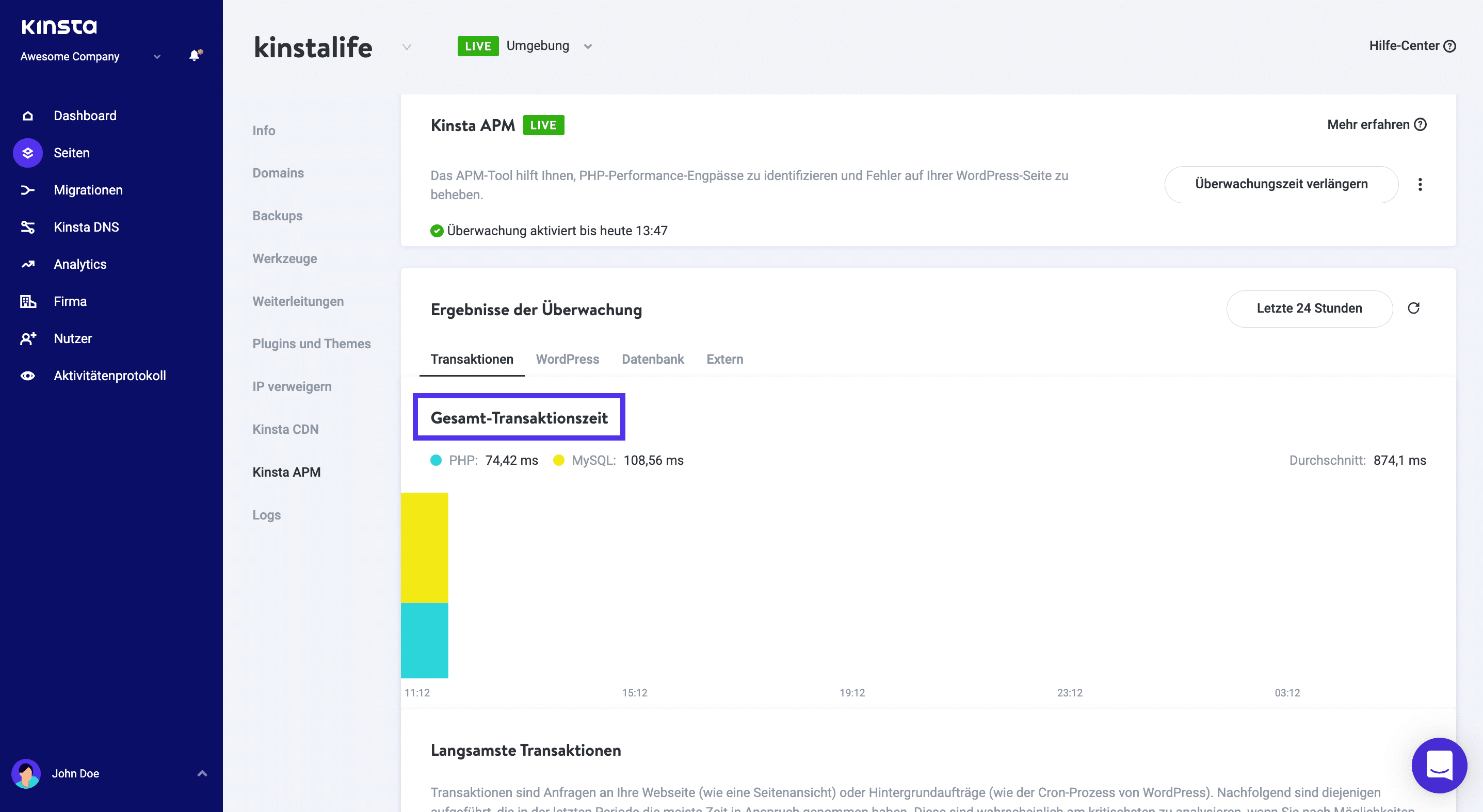 Kinsta APM-Balkendiagramm der Gesamttransaktionszeit.