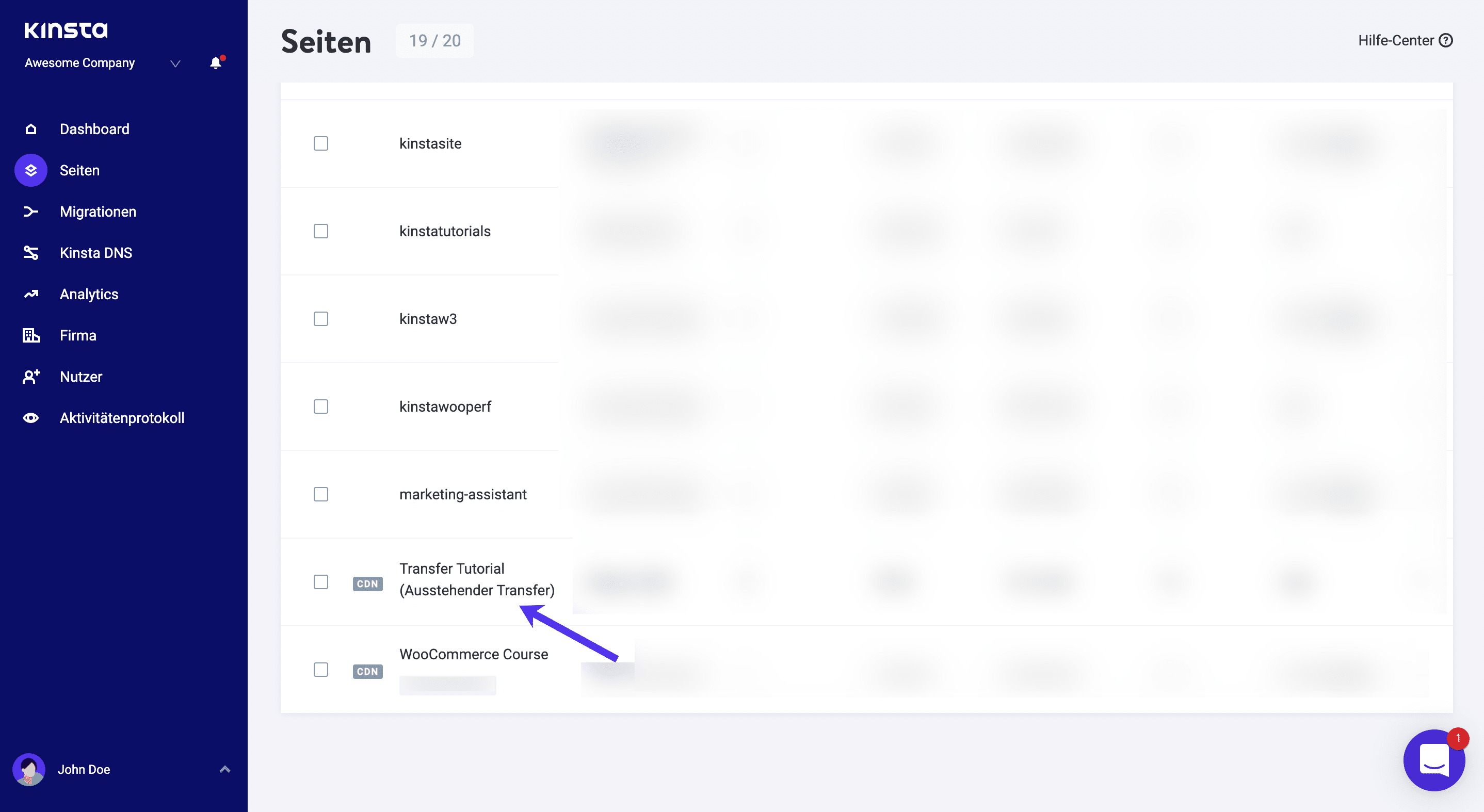Eine Seite, deren Übertragung auf ein anderes Unternehmen in MyKinsta ansteht.