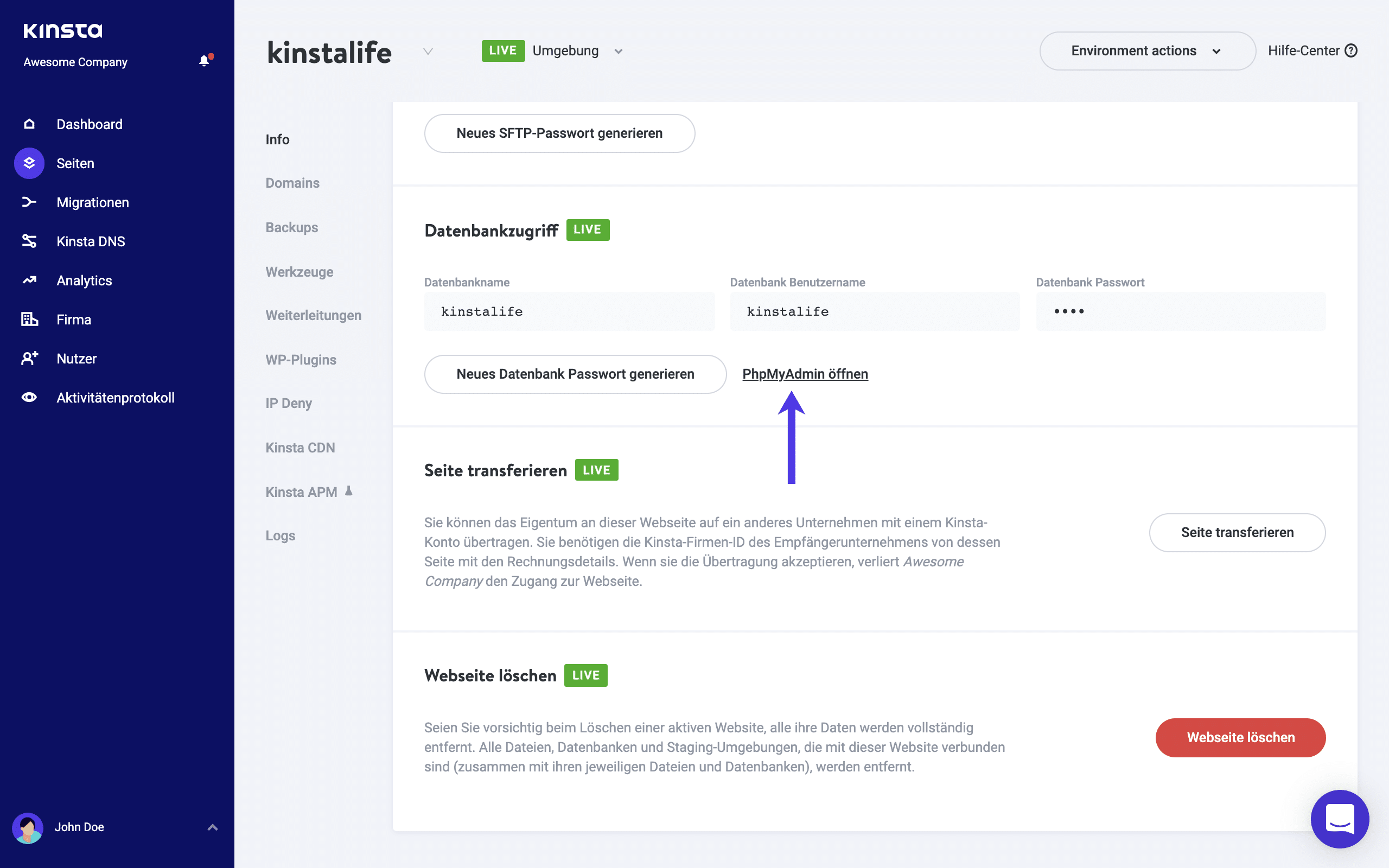 Zugriff auf phpMyAdmin in MyKinsta.