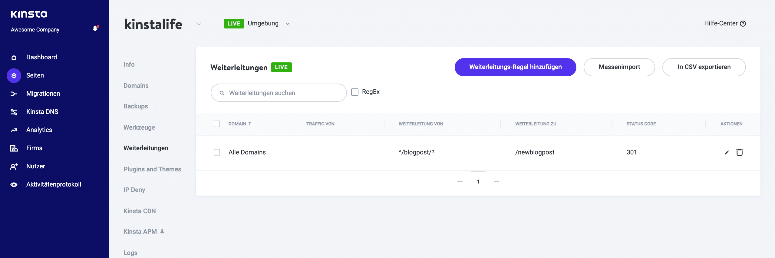 Weiterleitungsregeln verwalten in MyKinsta
