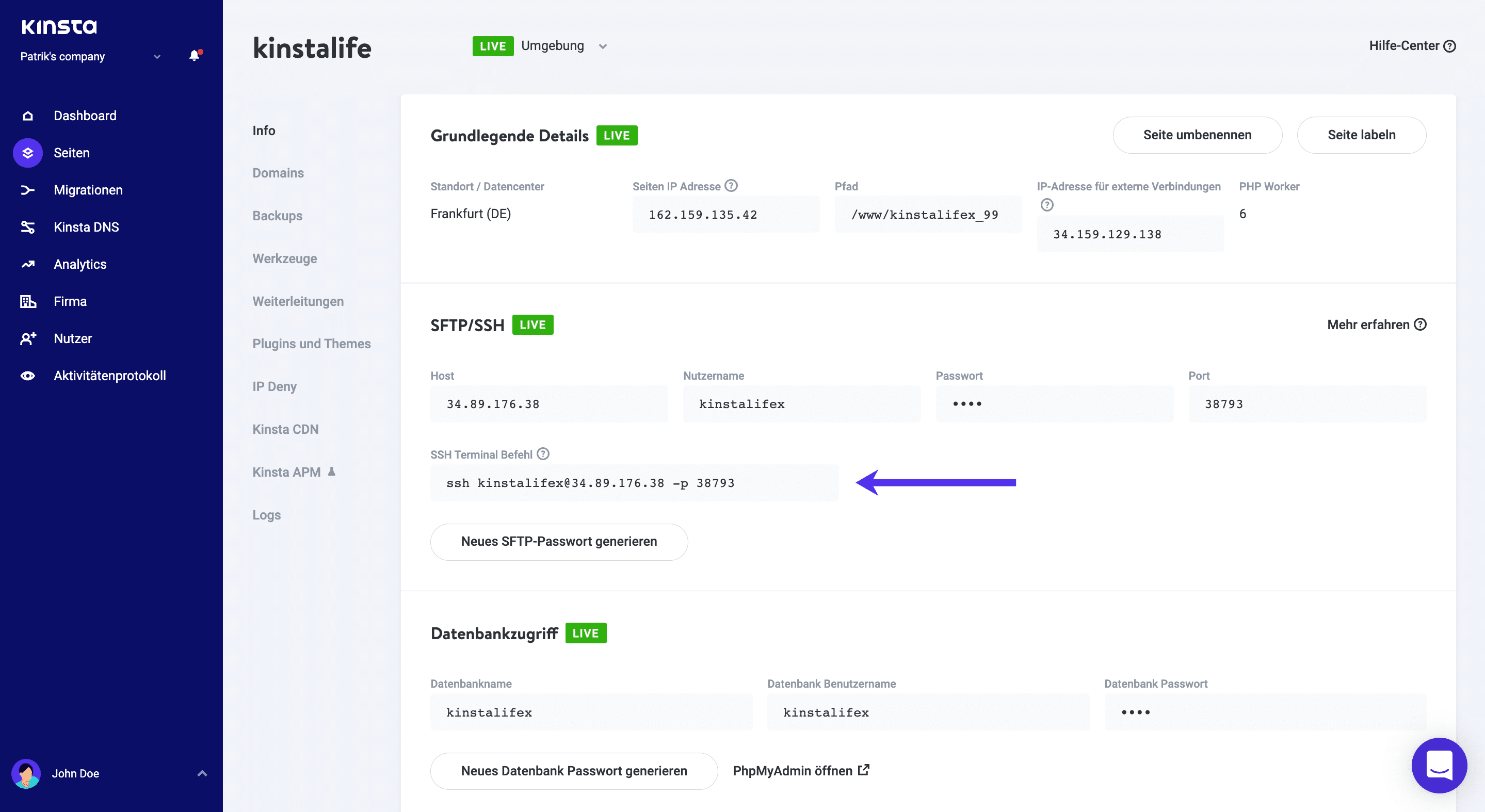 SSH-Terminalbefehl in MyKinsta.