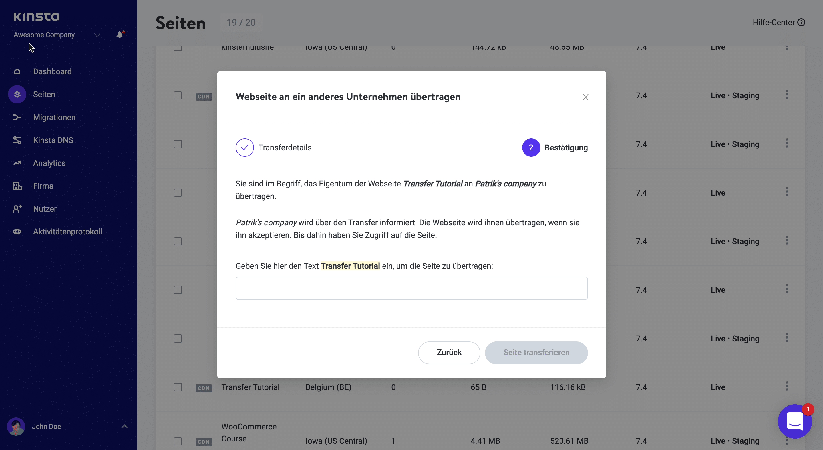Klicke auf die Schaltfläche Seite übertragen, um die Übertragung deiner Seite zu bestätigen.