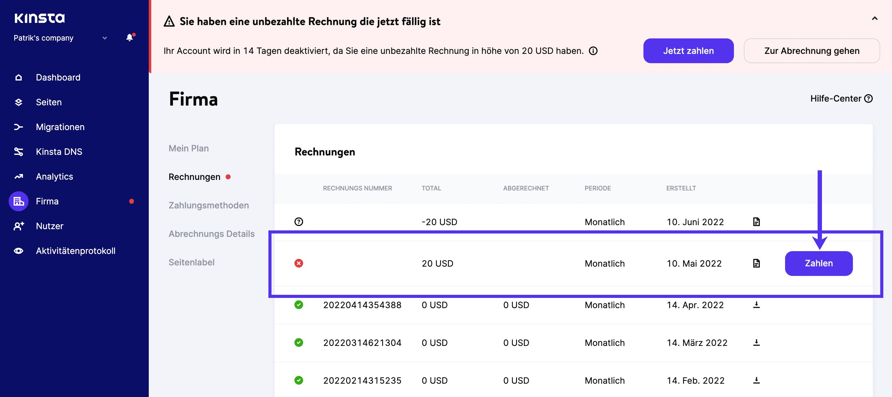 Bezahle eine unbezahlte Rechnung in MyKinsta.