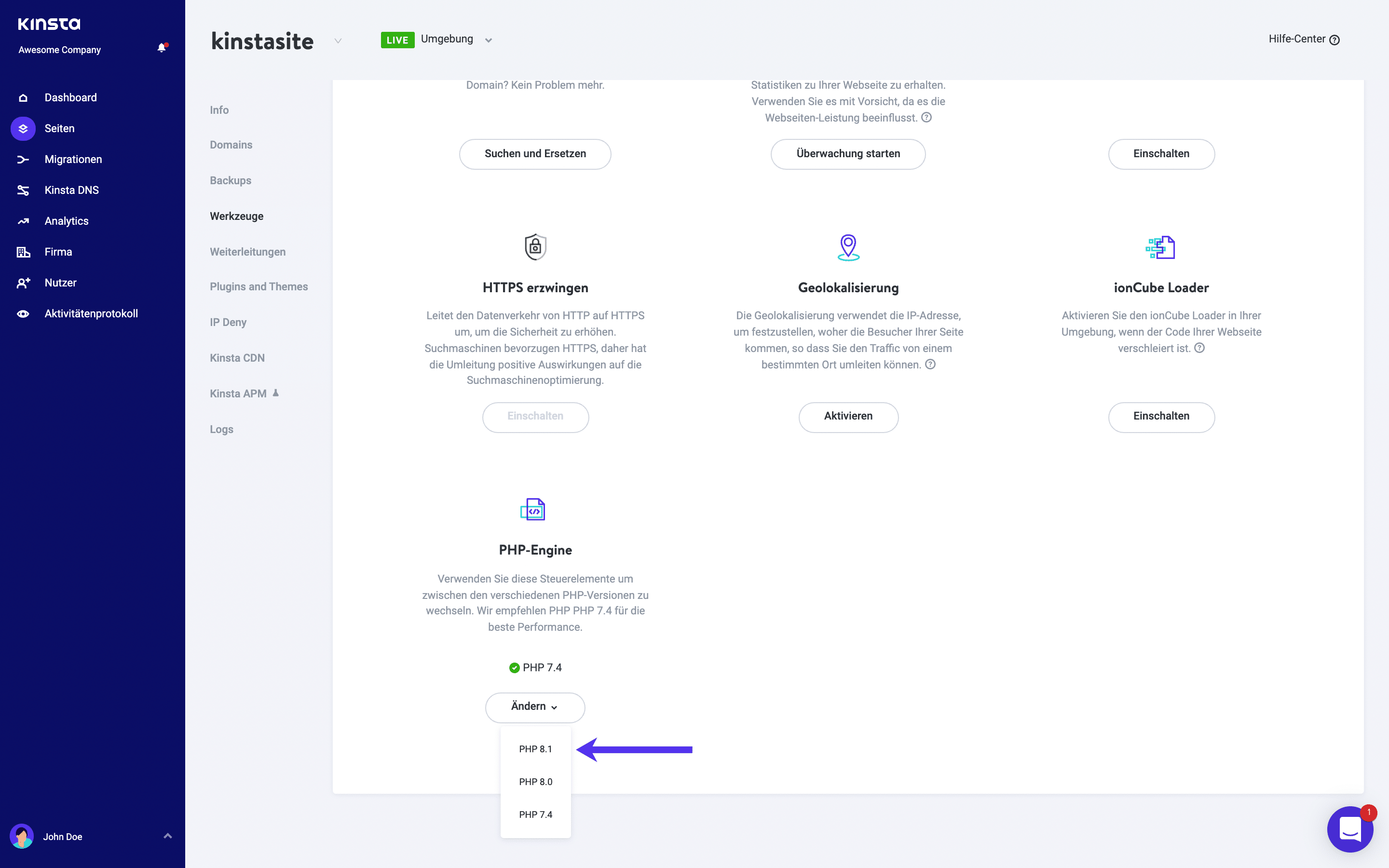 Umstellung auf PHP 8.1 in MyKinsta