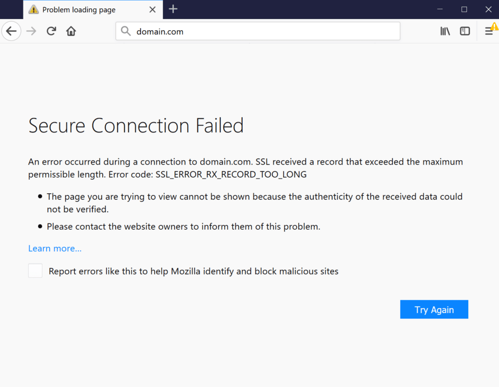 Der Fehler "SSL_ERROR_RX_RECORD_TOO_LONG" in einem Webbrowser, mit der Meldung "sichere Verbindung fehlgeschlagen".
