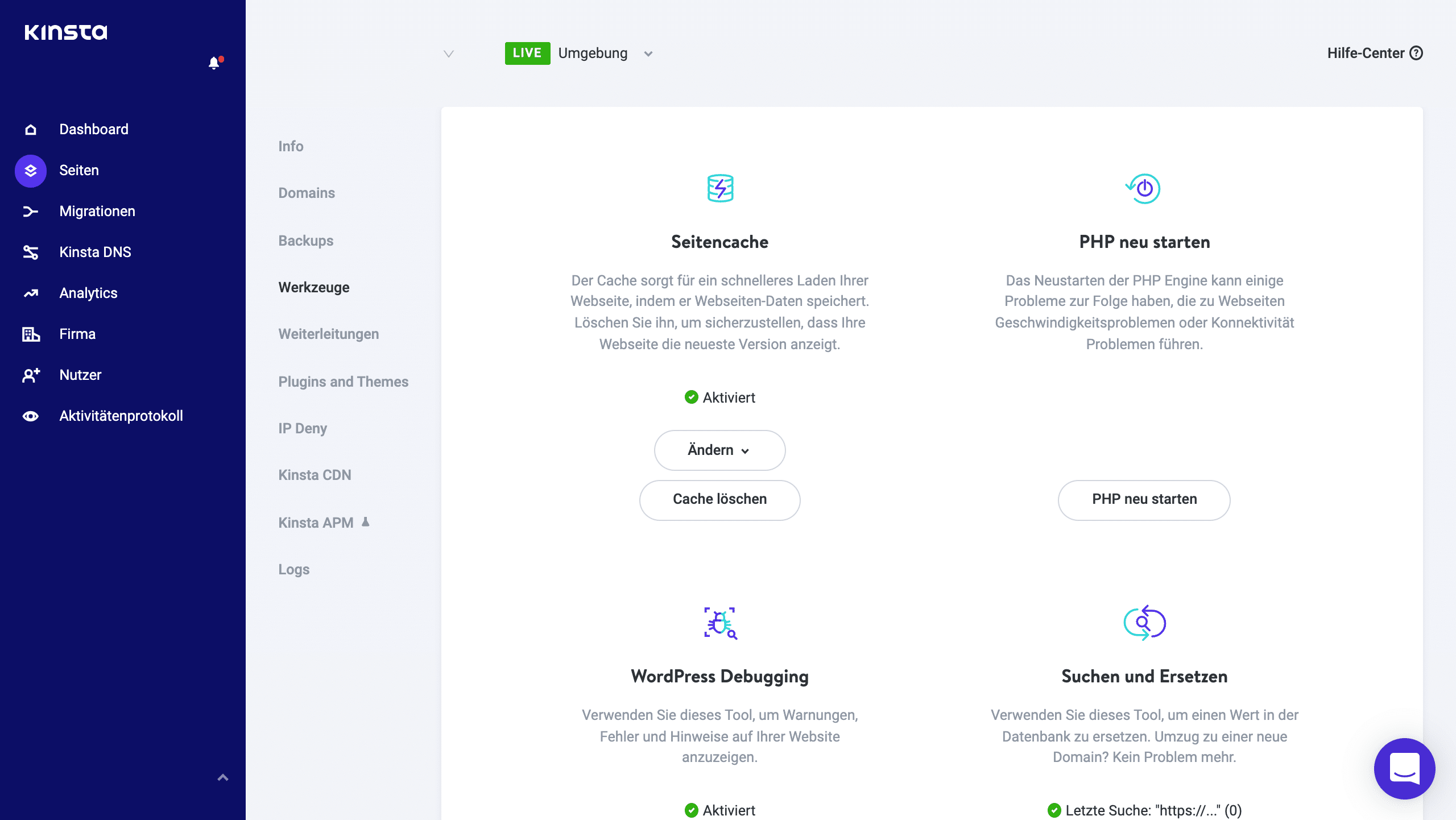 Finde den Reiter "Werkzeuge" in MyKinsta und klicke darauf