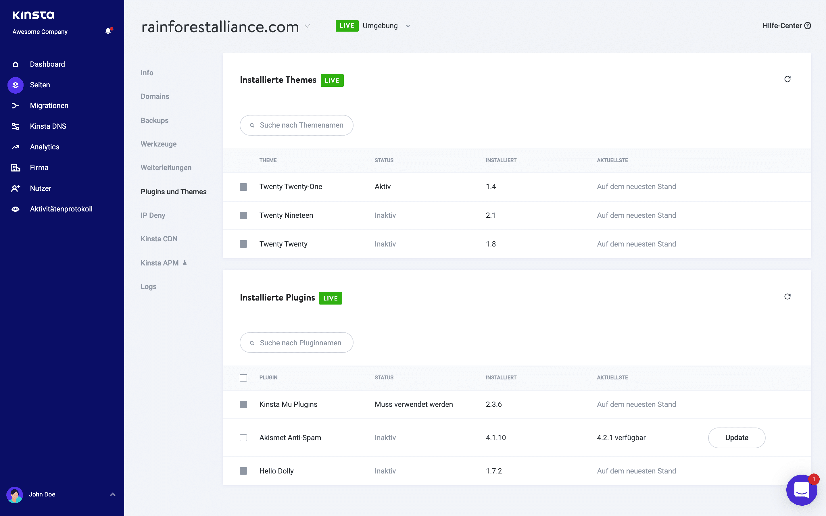 Sieh dir Plugins und Themes in MyKinsta an.