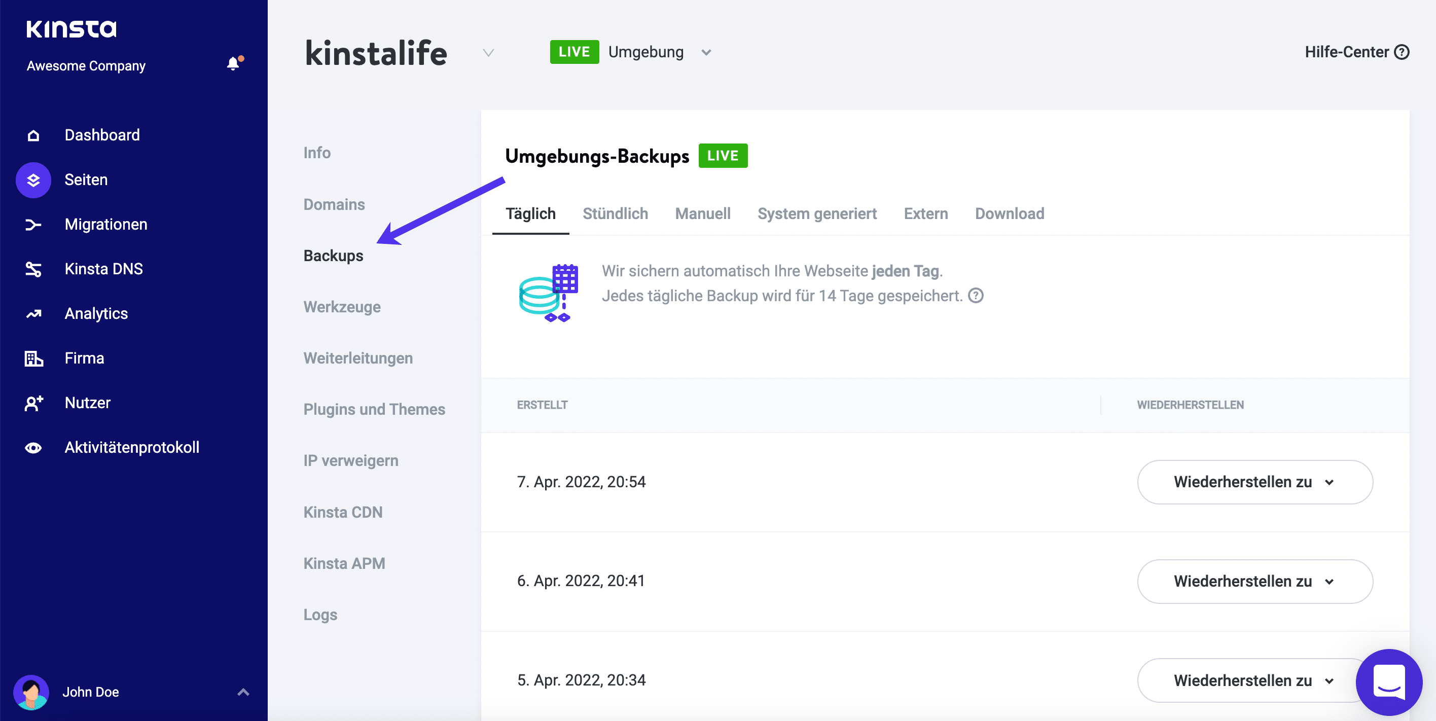 Kinsta bietet verschiedene Arten von Backups.