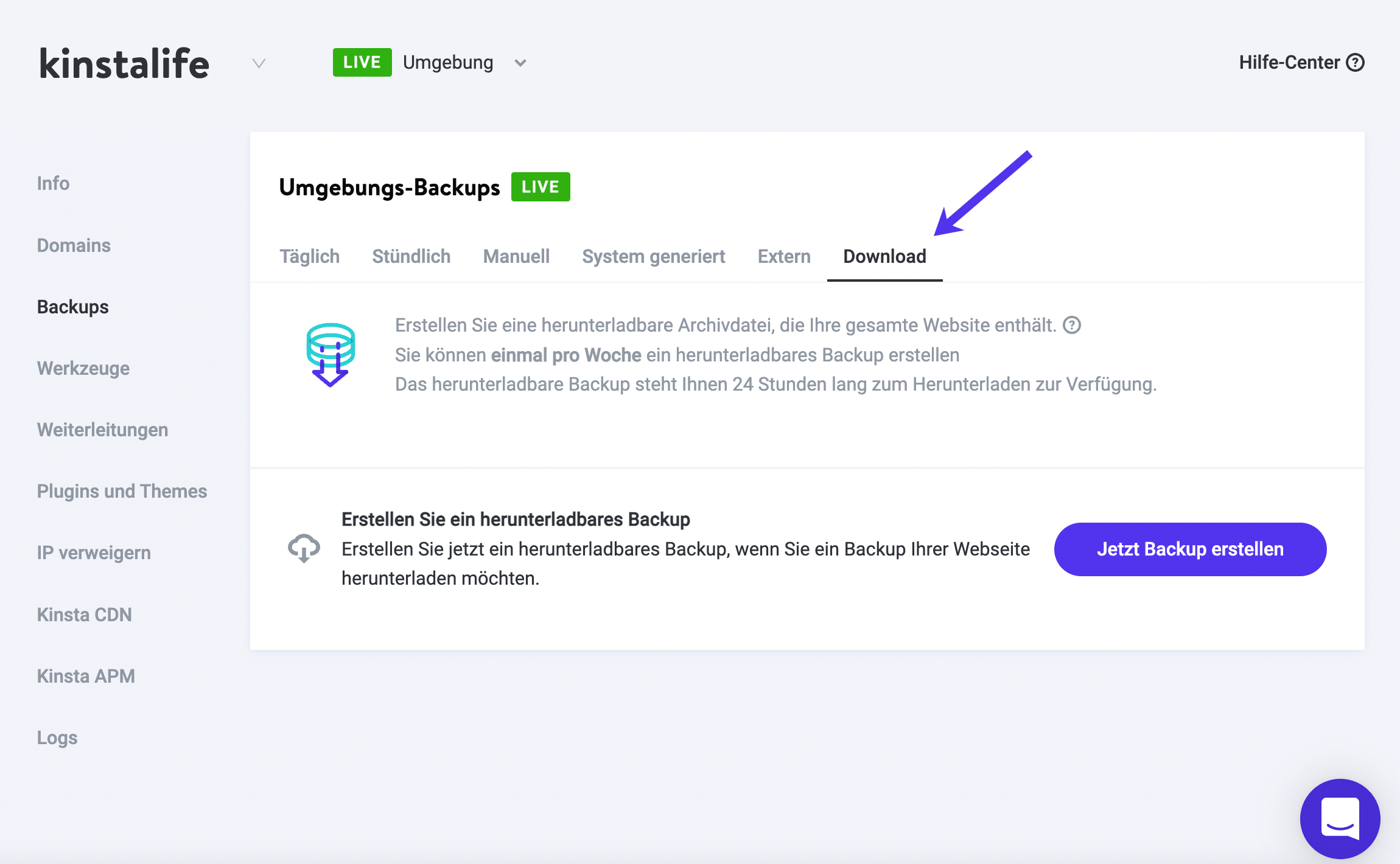 Kinsta unterstützt herunterladbare Backups.