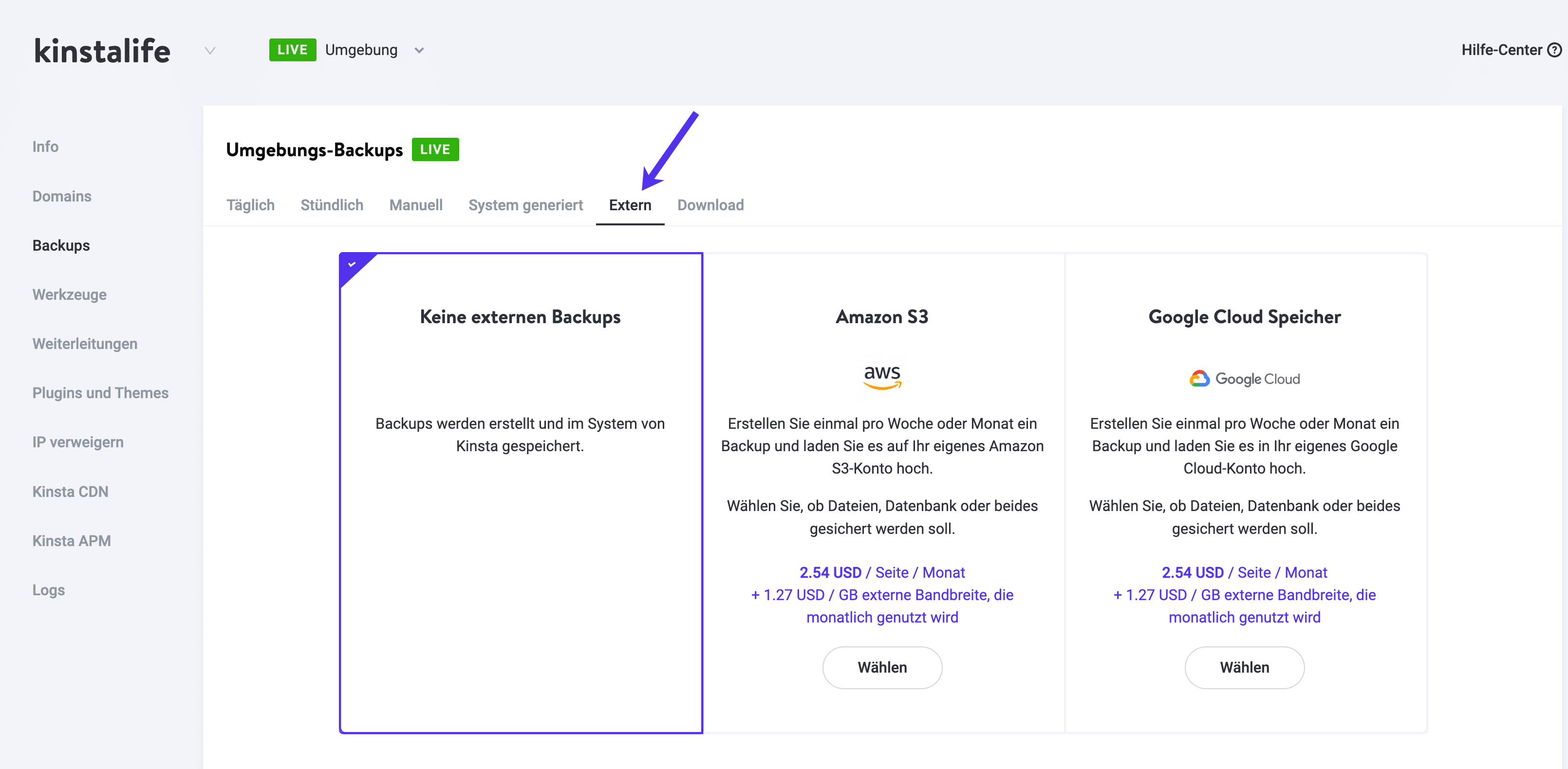 Kinsta unterstützt externe Backups auf S3 und Google Cloud Storage.