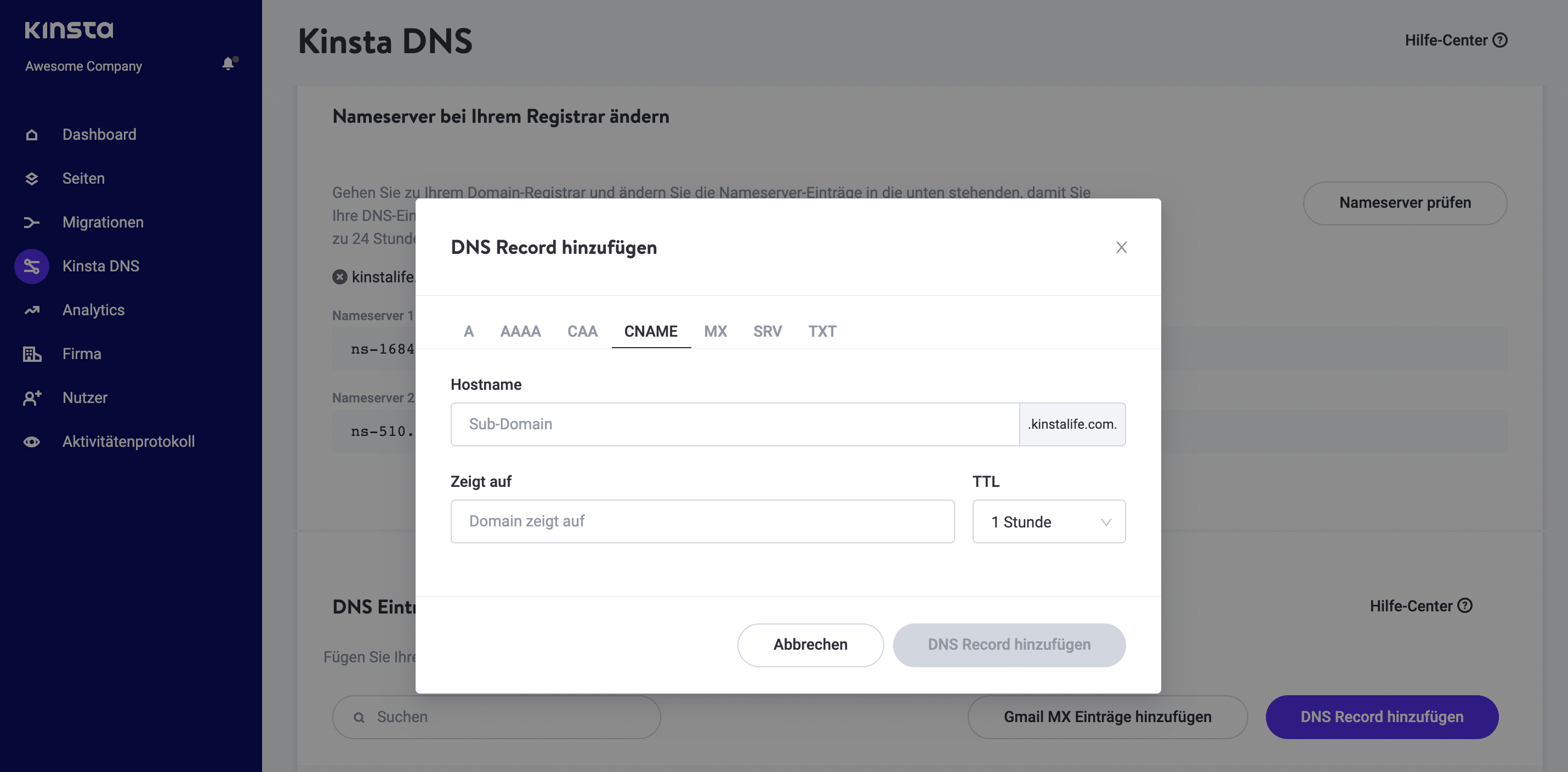 Wähle die Registerkarte CNAME.