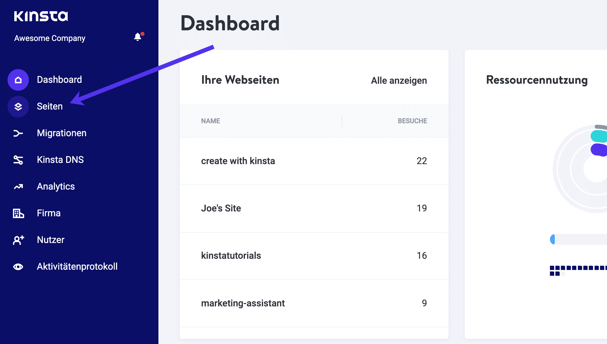 Geh auf den Reiter "Sites" in MyKinsta.