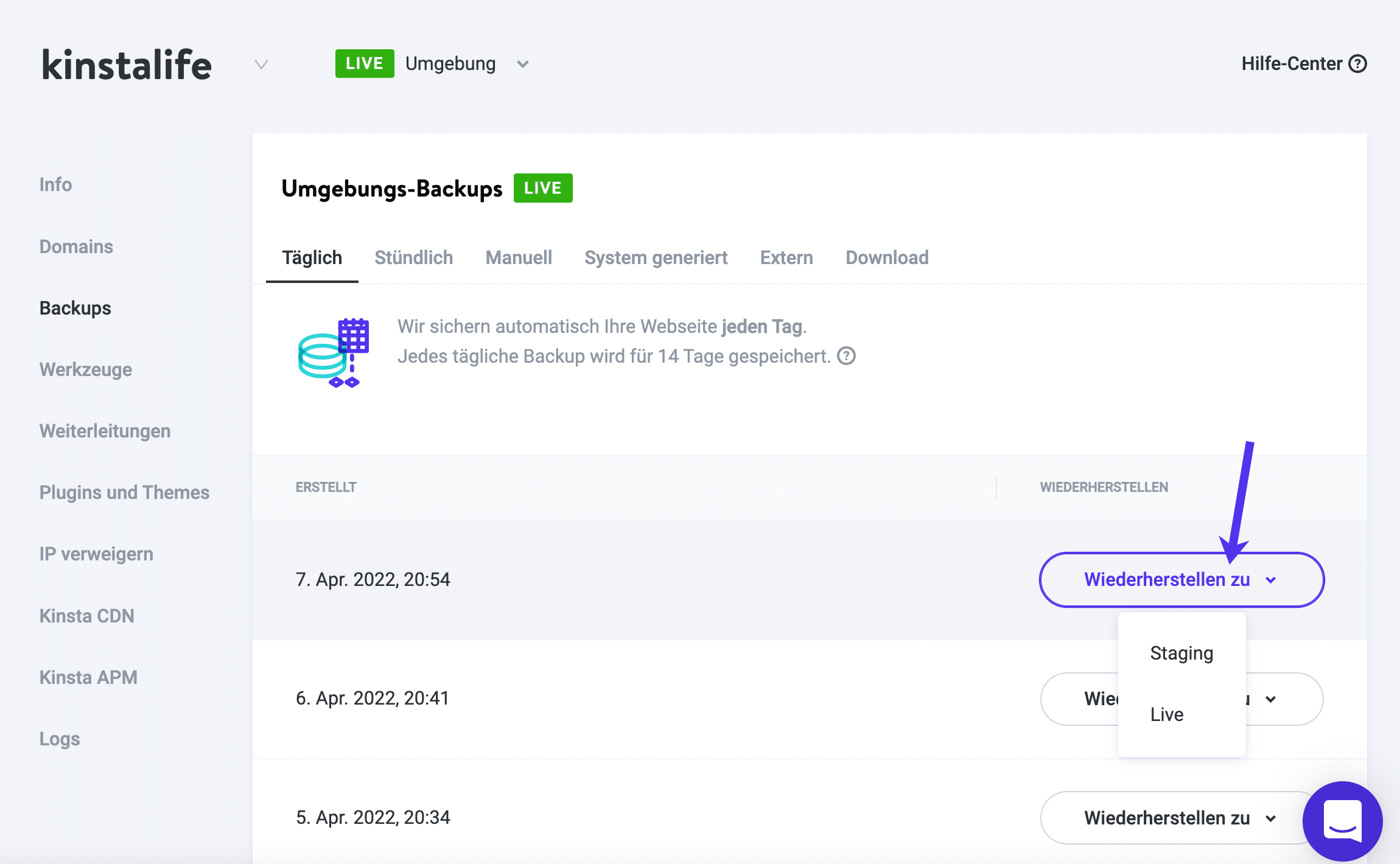 Backups wiederherstellen in MyKinsta.