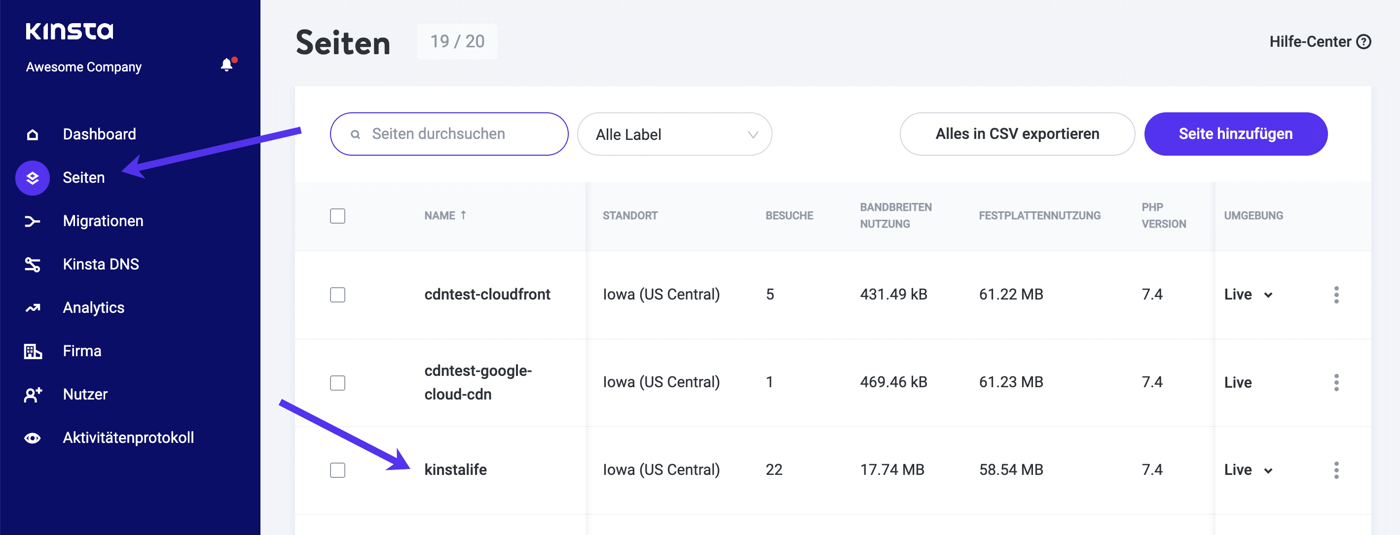 Wähle eine Seite in MyKinsta.