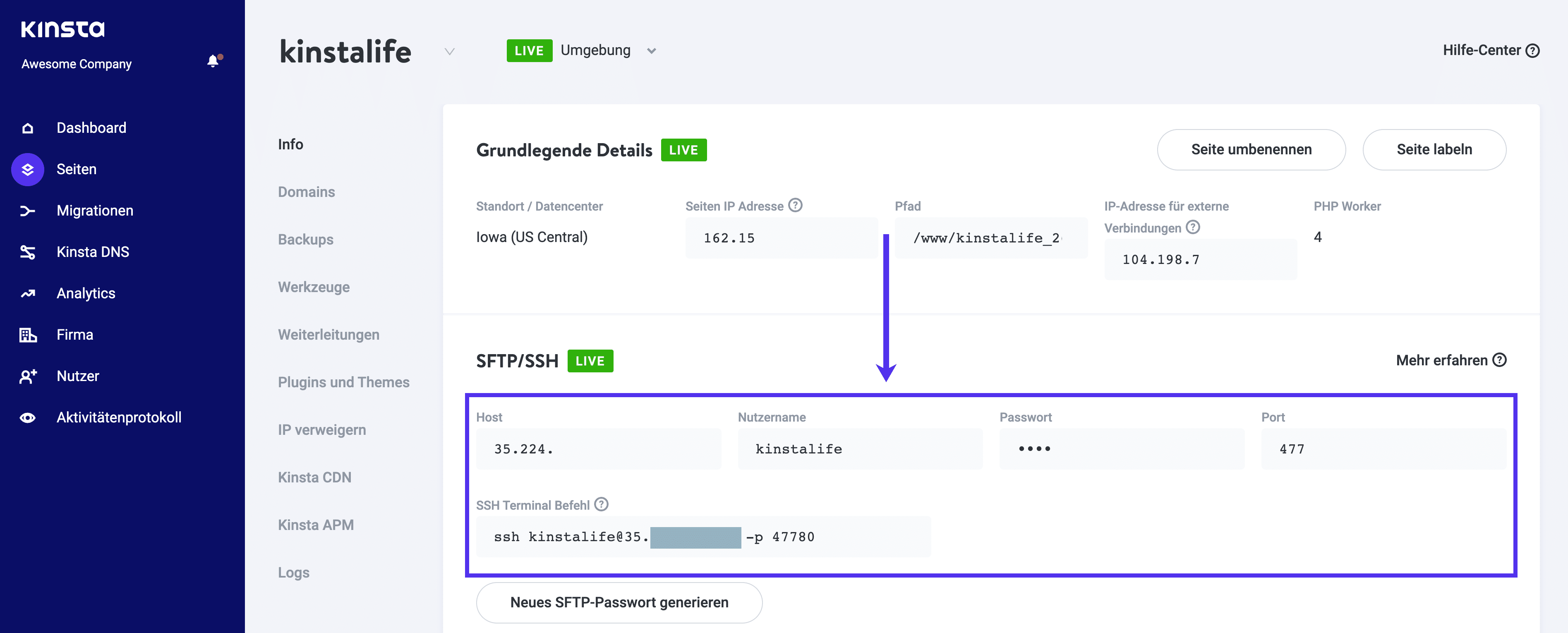 SFTP/SSH-Anmeldeinformationen sind in MyKinsta verfügbar.