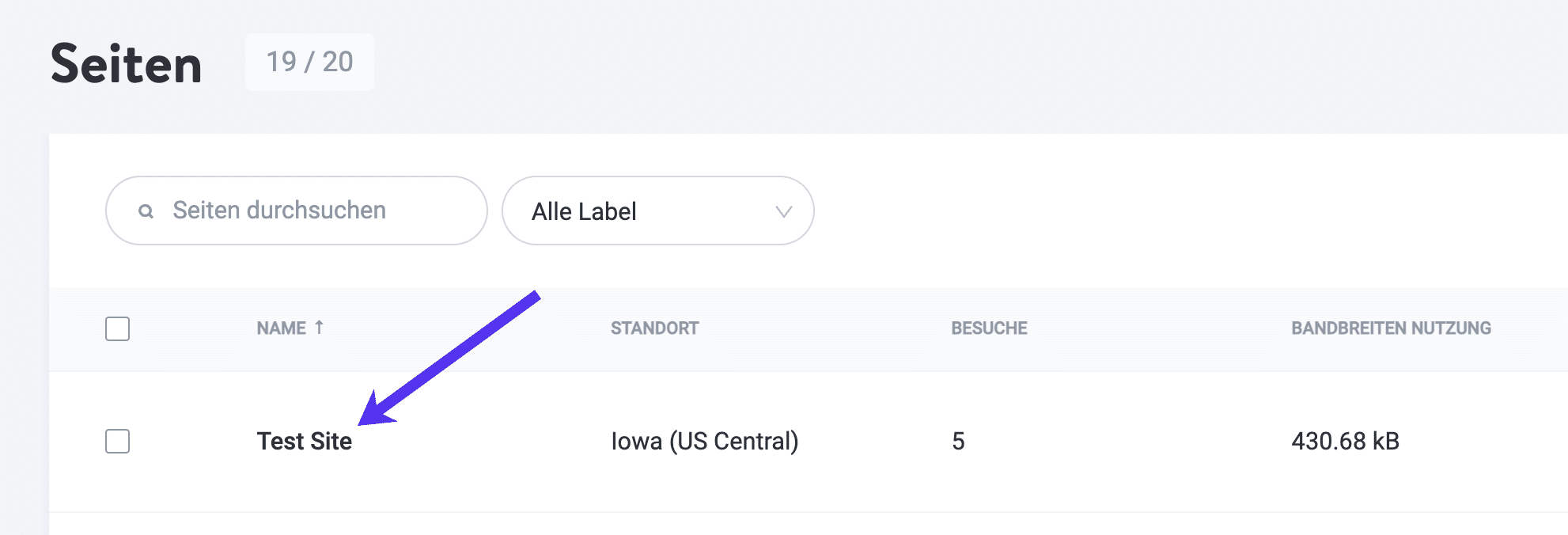 Klicke auf deine Seite in MyKinsta.