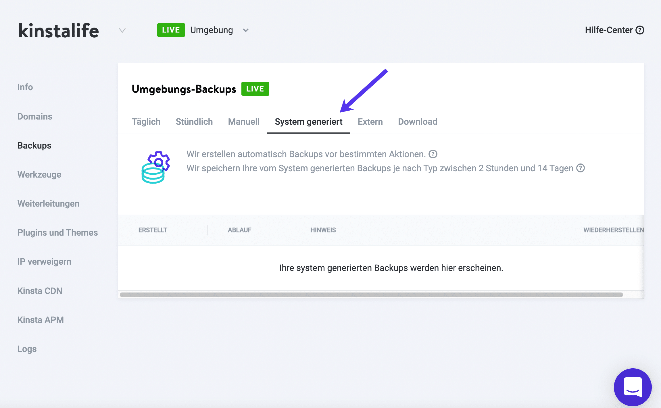 Systemgenerierte Backups in MyKinsta.