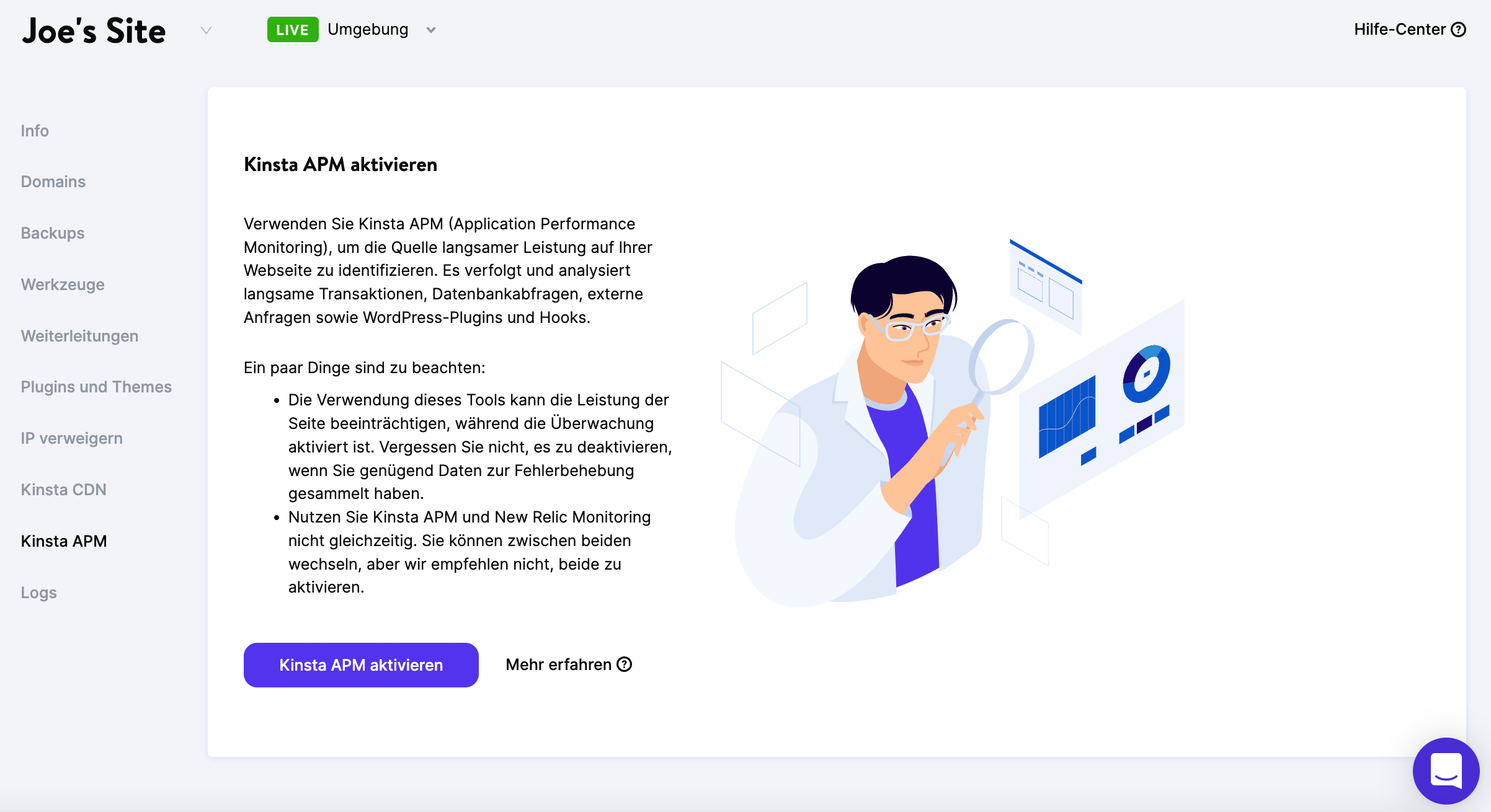 Aktivieren von Kinsta APM im MyKinsta-Dashboard.