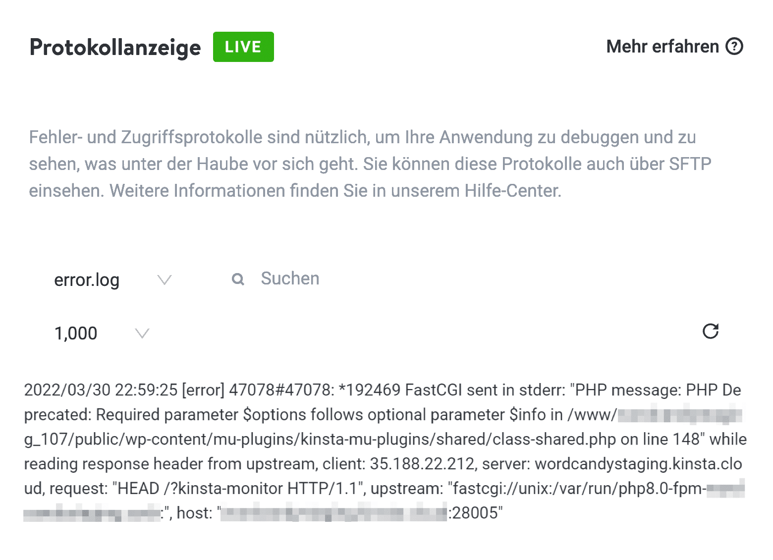 Fehler werden in MyKinsta angezeigt