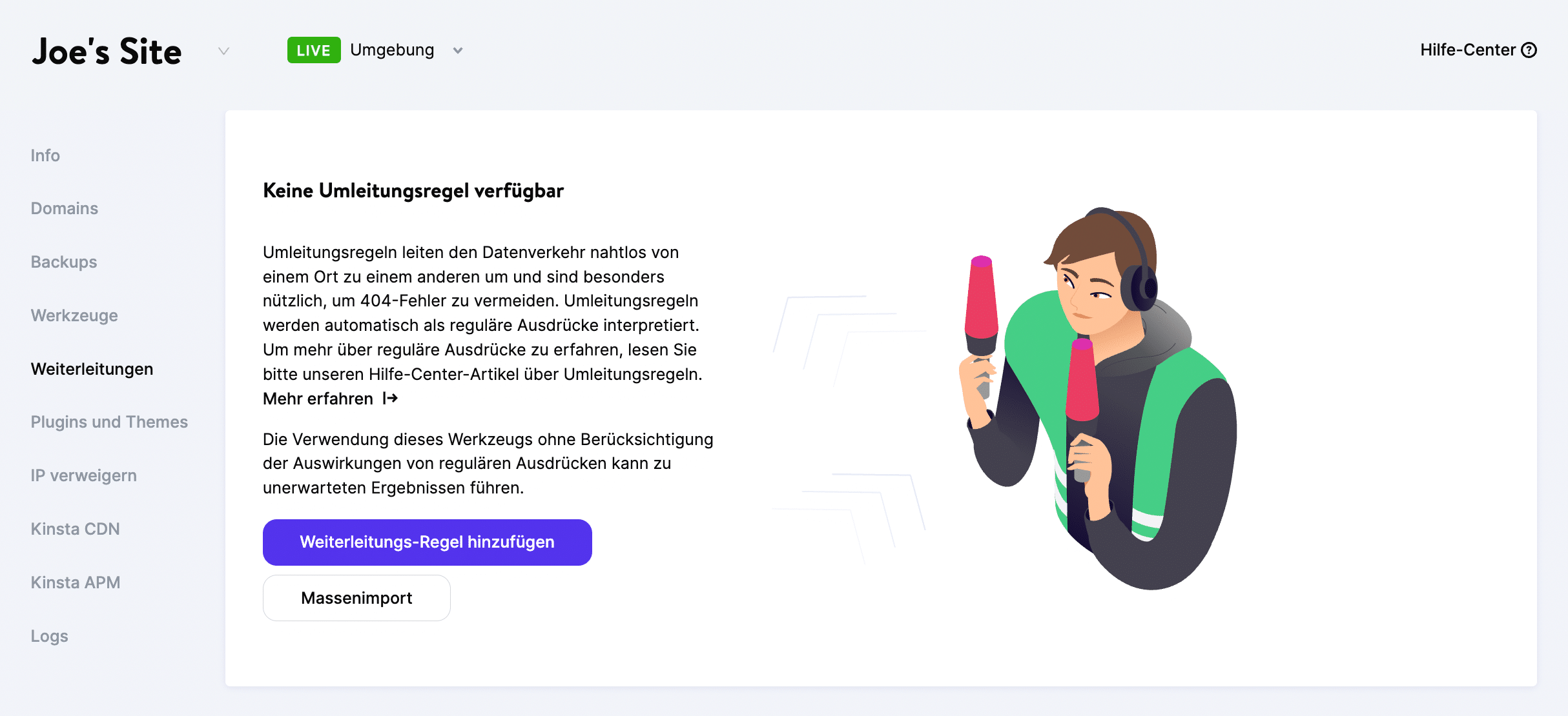 Hinzufügen von Weiterleitungsregeln in MyKinsta.