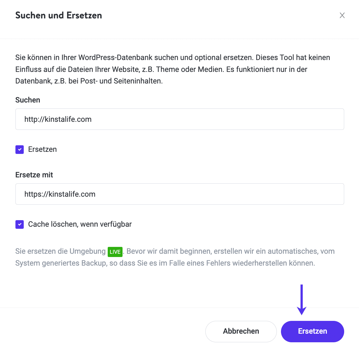 Mit dem 'Suchen und Ersetzen'-Tool in MyKinsta.