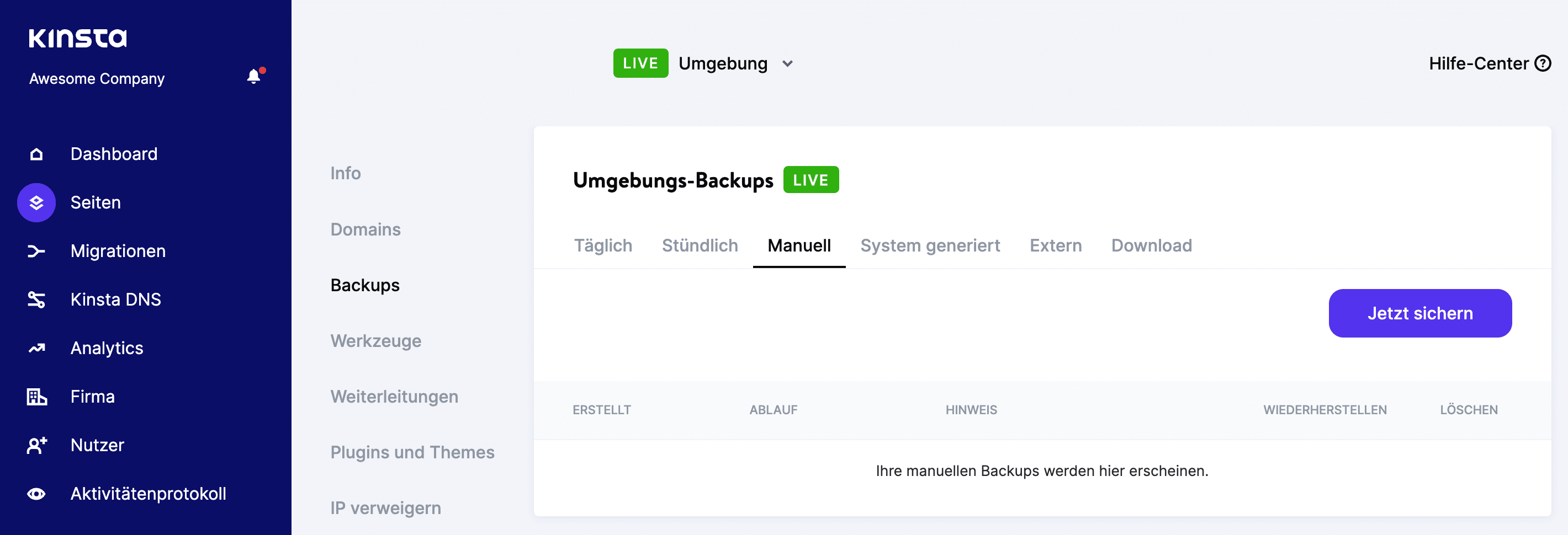 Klicke auf "Seiten" und dann auf "Backup"