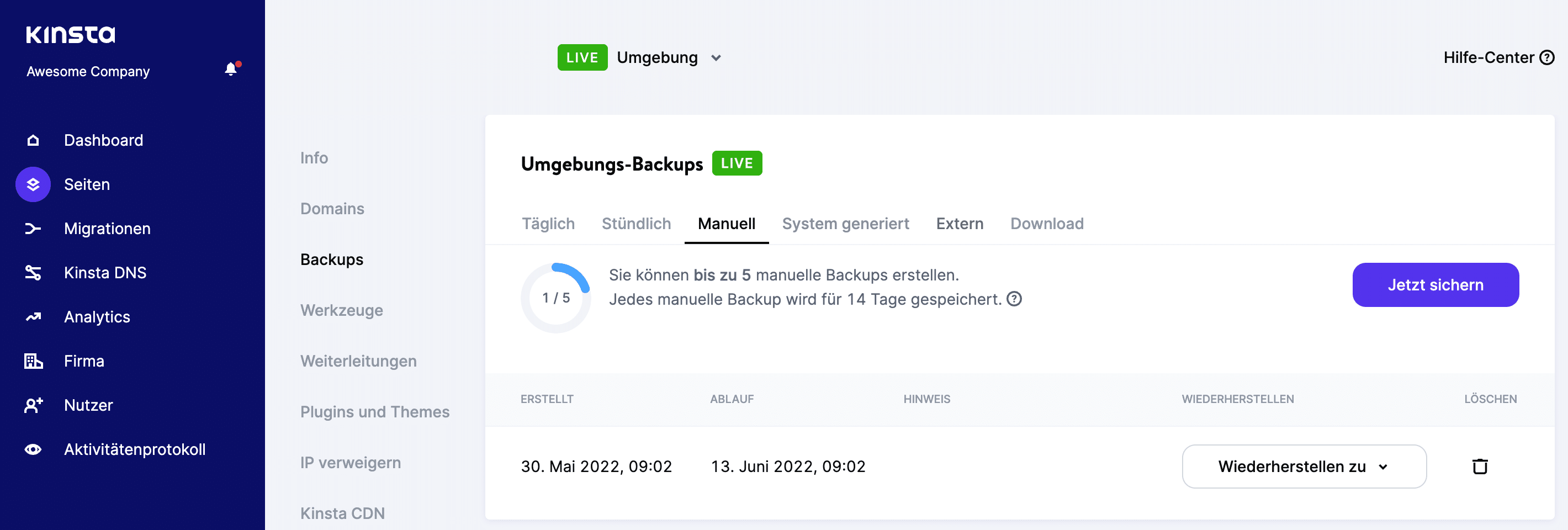 MyKinsta zeigt eine Liste aller Backups an