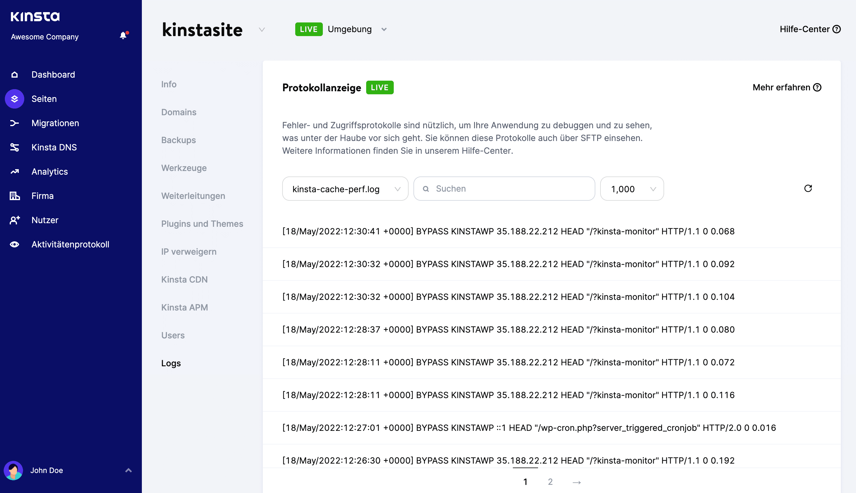 kinsta-cache-perf.log Datei in MyKinsta Log Viewer.