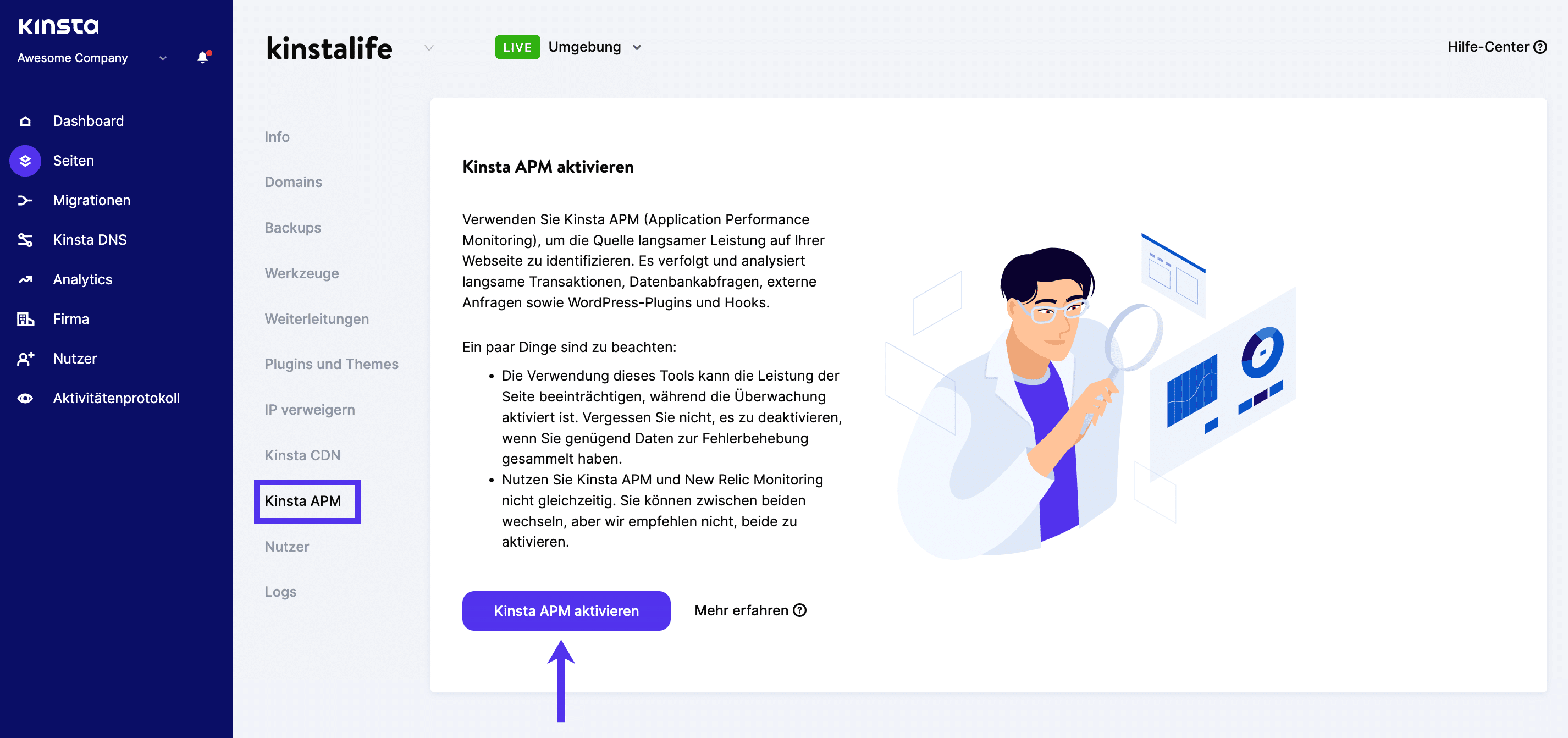 Klicke auf die Schaltfläche Kinsta APM aktivieren, um es in MyKinsta zu aktivieren.
