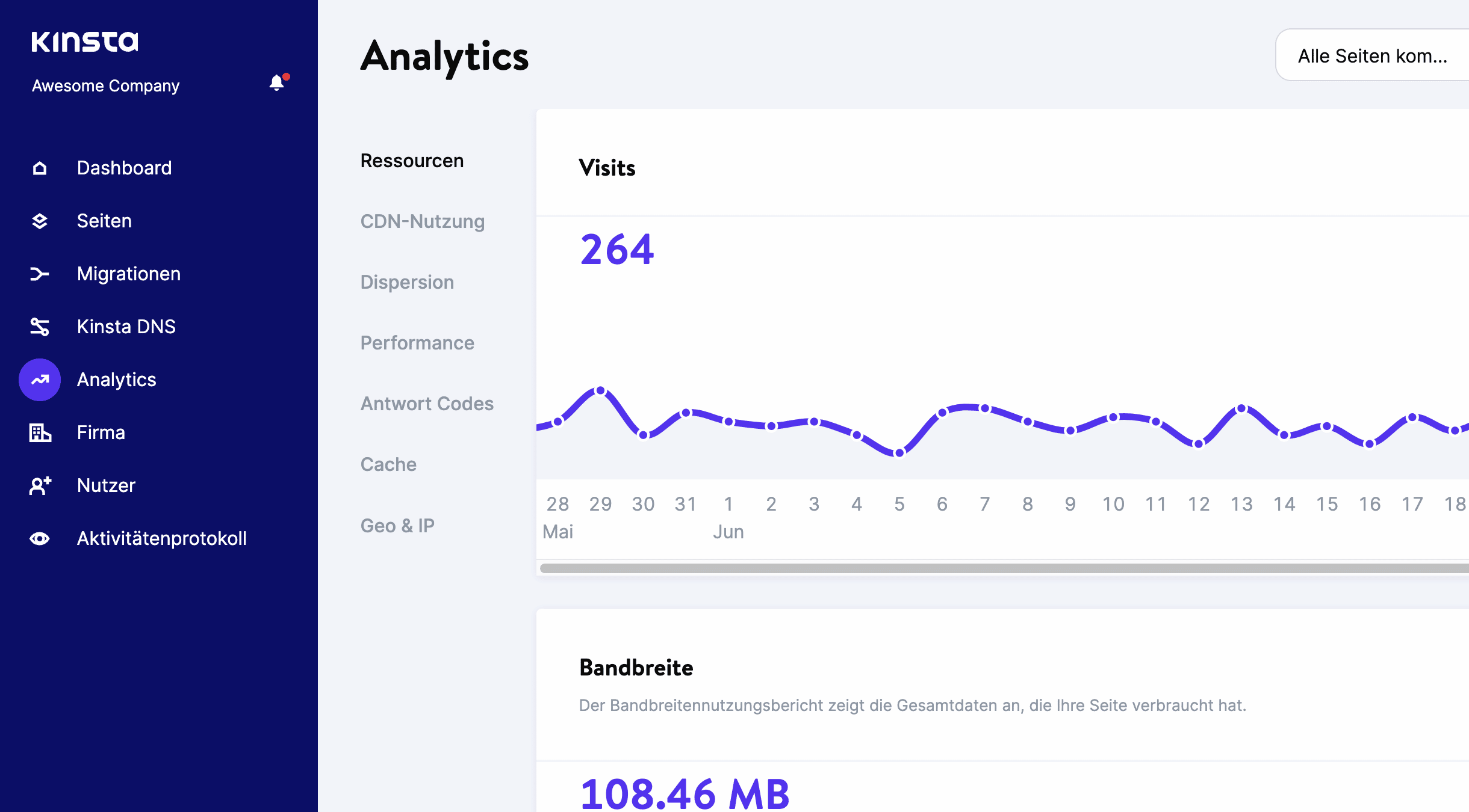 Anzeigen von Analytics im MyKinsta-Dashboard