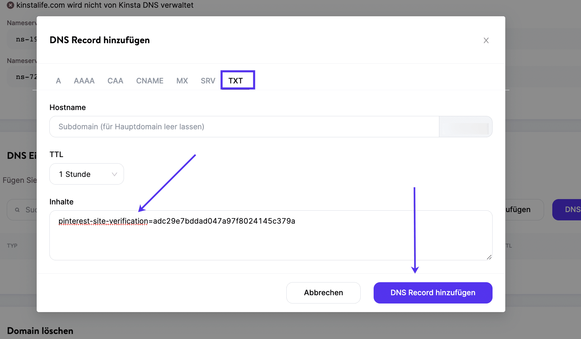Füge den TXT-Eintrag in das Feld Inhalt ein und klicke dann auf DNS-Eintrag hinzufügen.