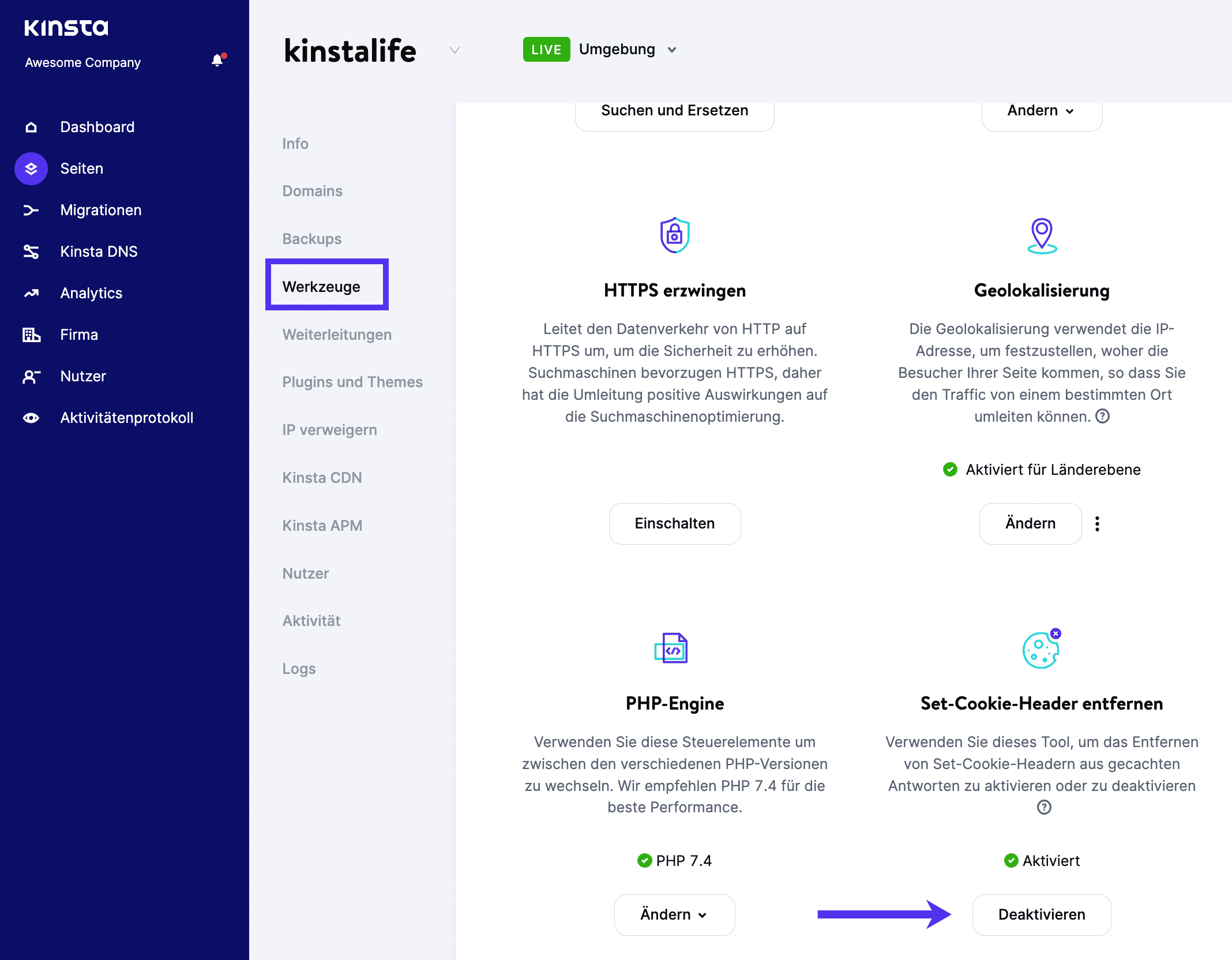 Das Dashboard von MyKinsta zeigt ein hervorgehobenes Feld um die Option "Tools" und einen Pfeil, der auf die Schaltfläche "Deaktivieren" unter dem Tool "Set-Cookie-Header entfernen" zeigt.