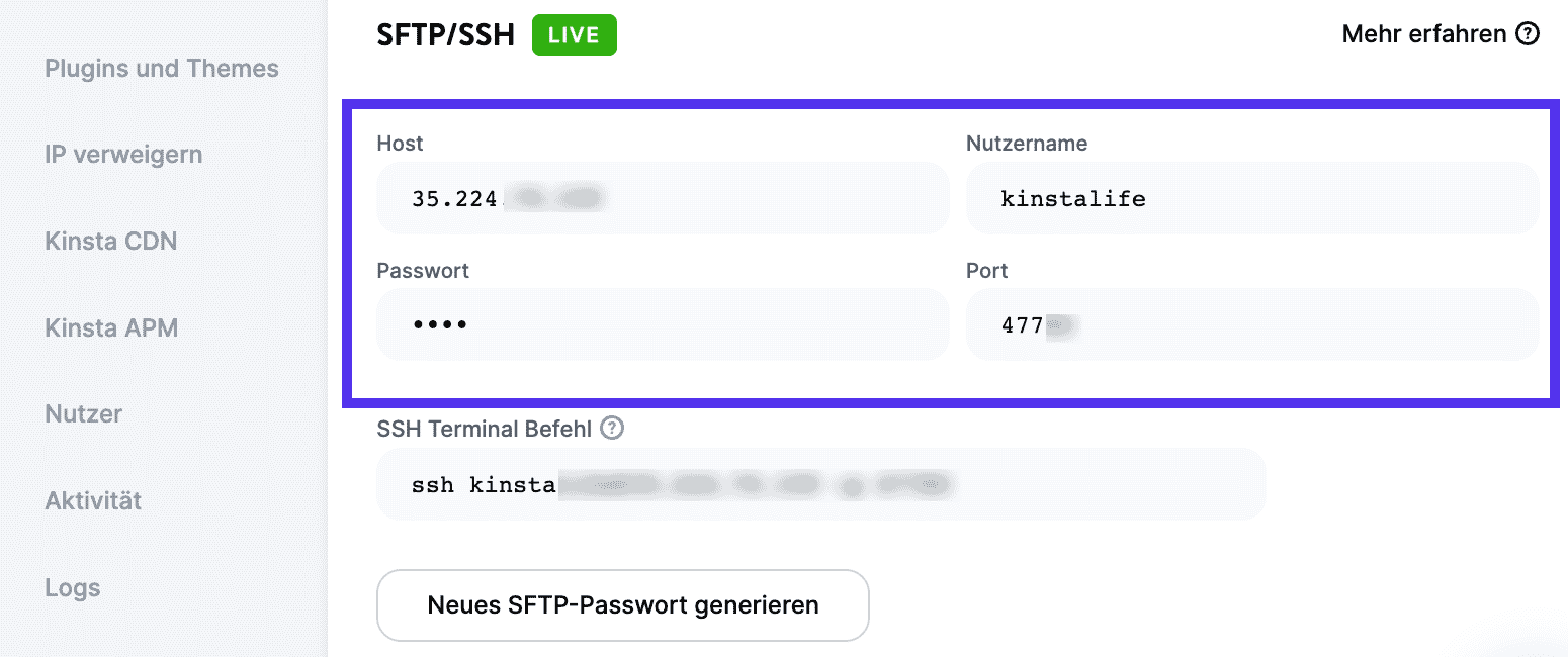 Kopiere die Anmeldedaten von MyKinsta zu FileZilla