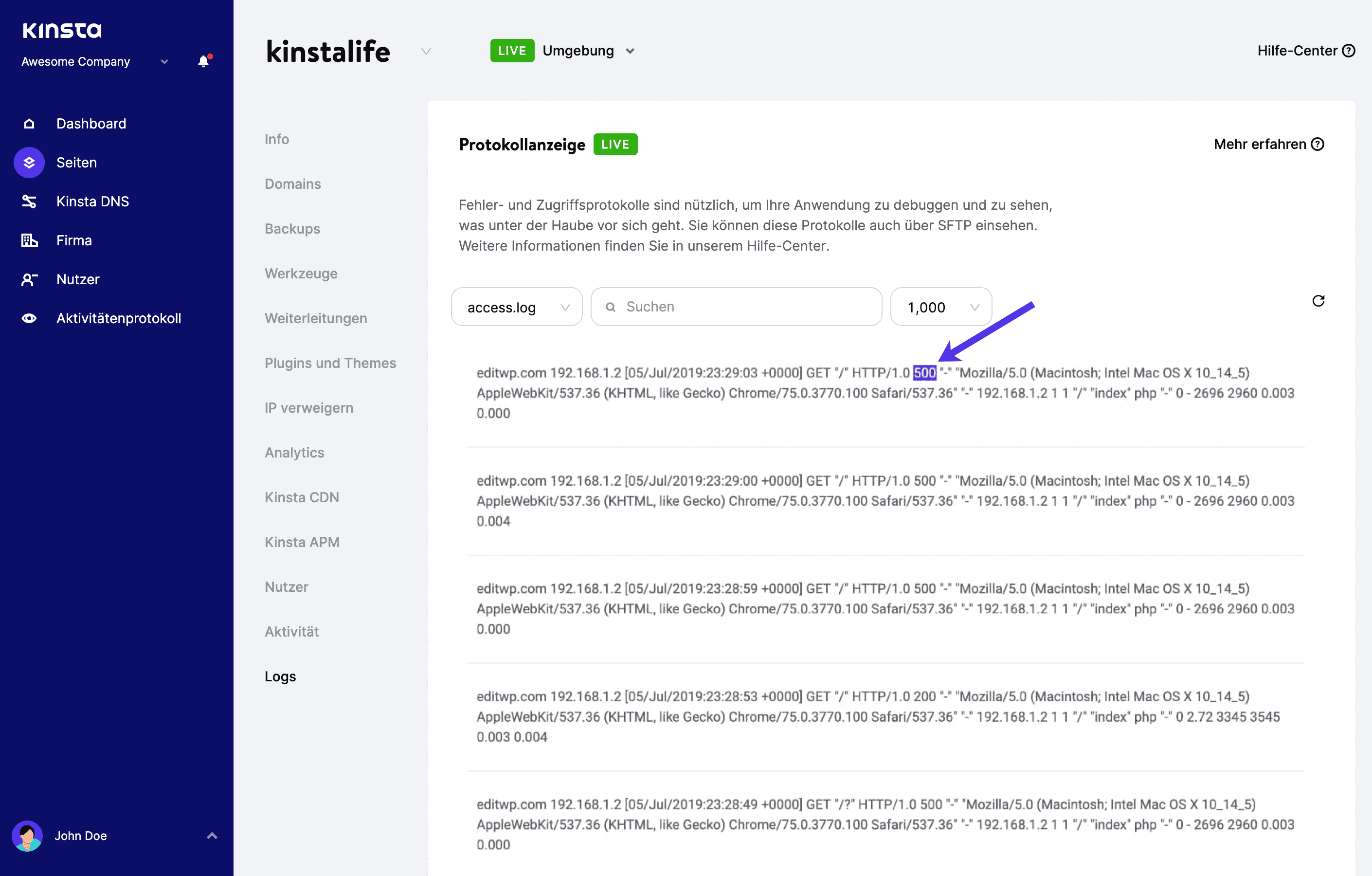 Der Fehler "Fehler beim Herstellen einer Datenbankverbindung" 500 wird im access.log angezeigt.