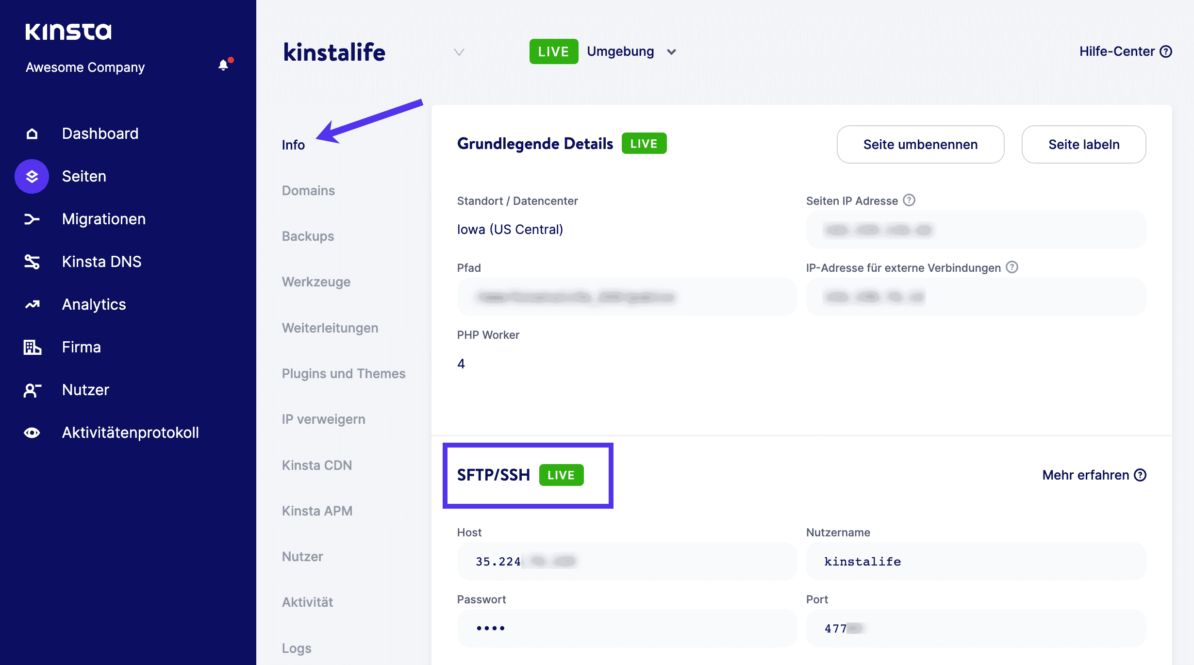 Gehe zu Info > SFTP/SSH in MyKinsta