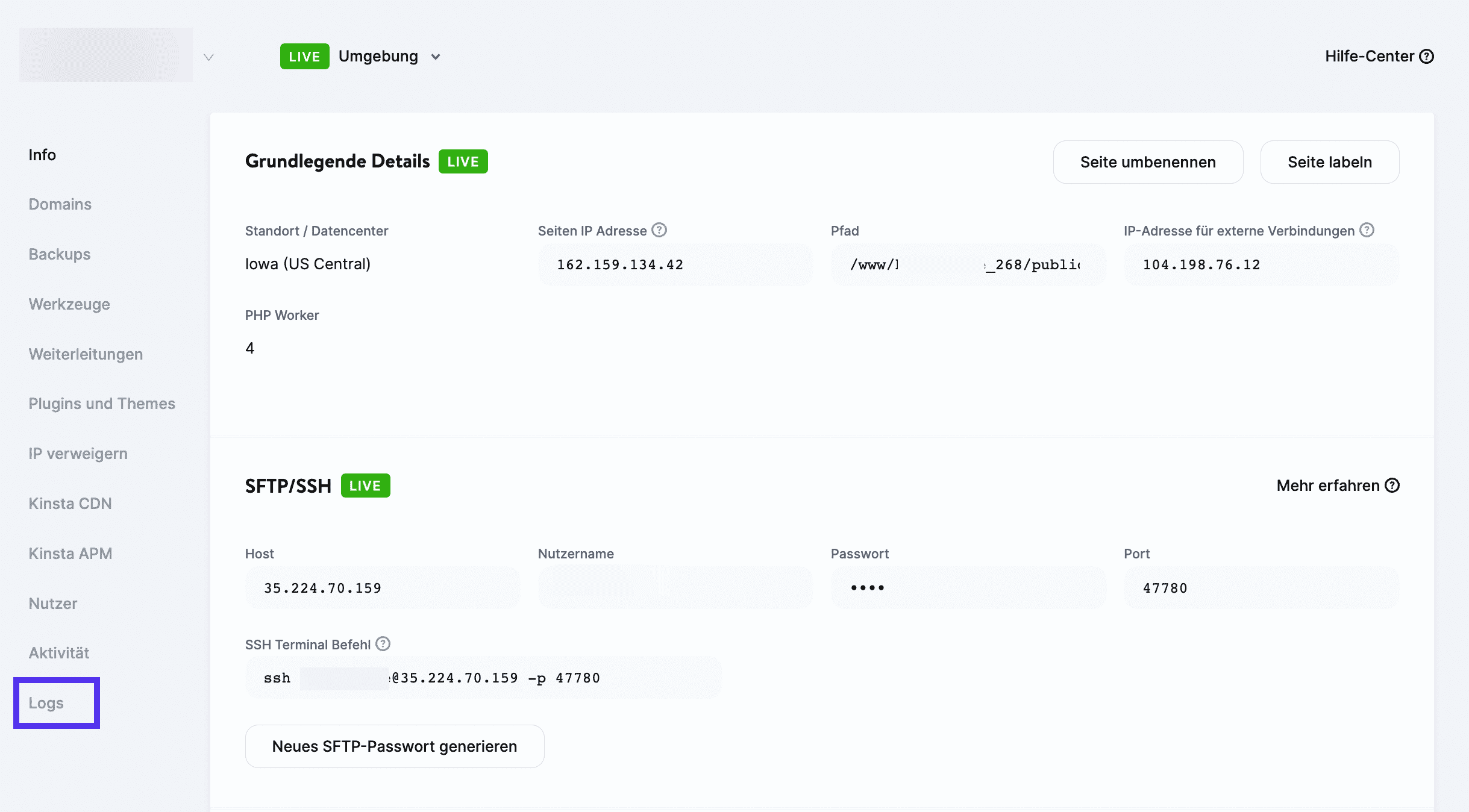 Klicke auf die Registerkarte "Logs"