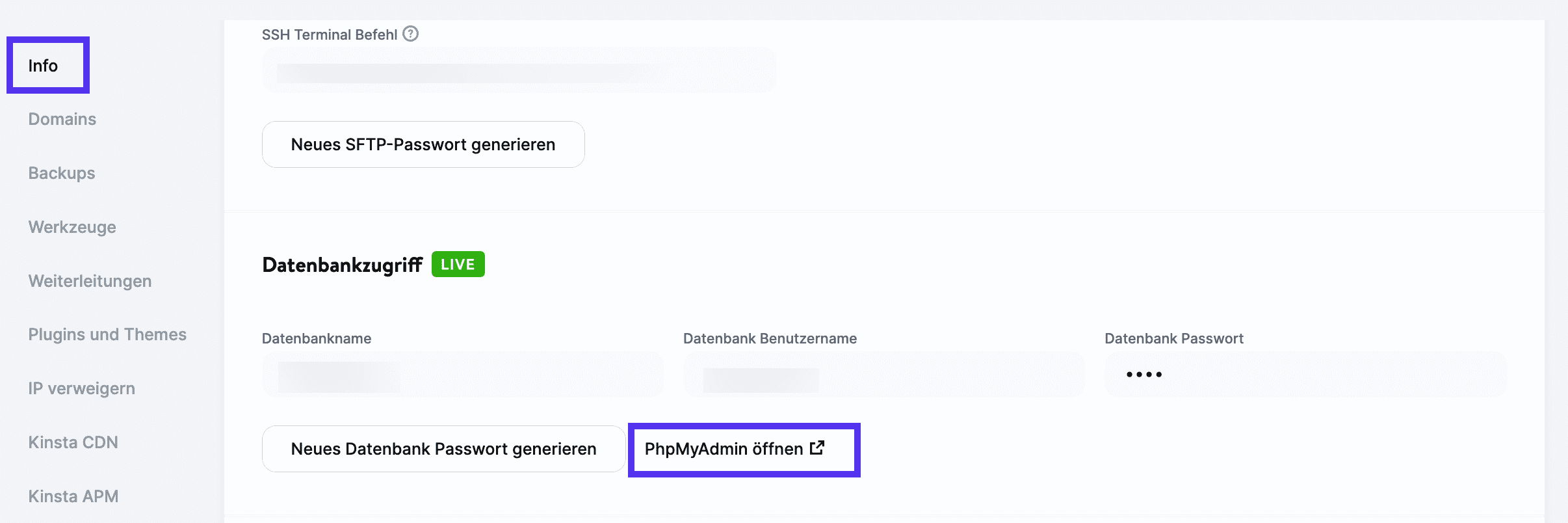 Info > phpMyAdmin in MyKinsta öffnen