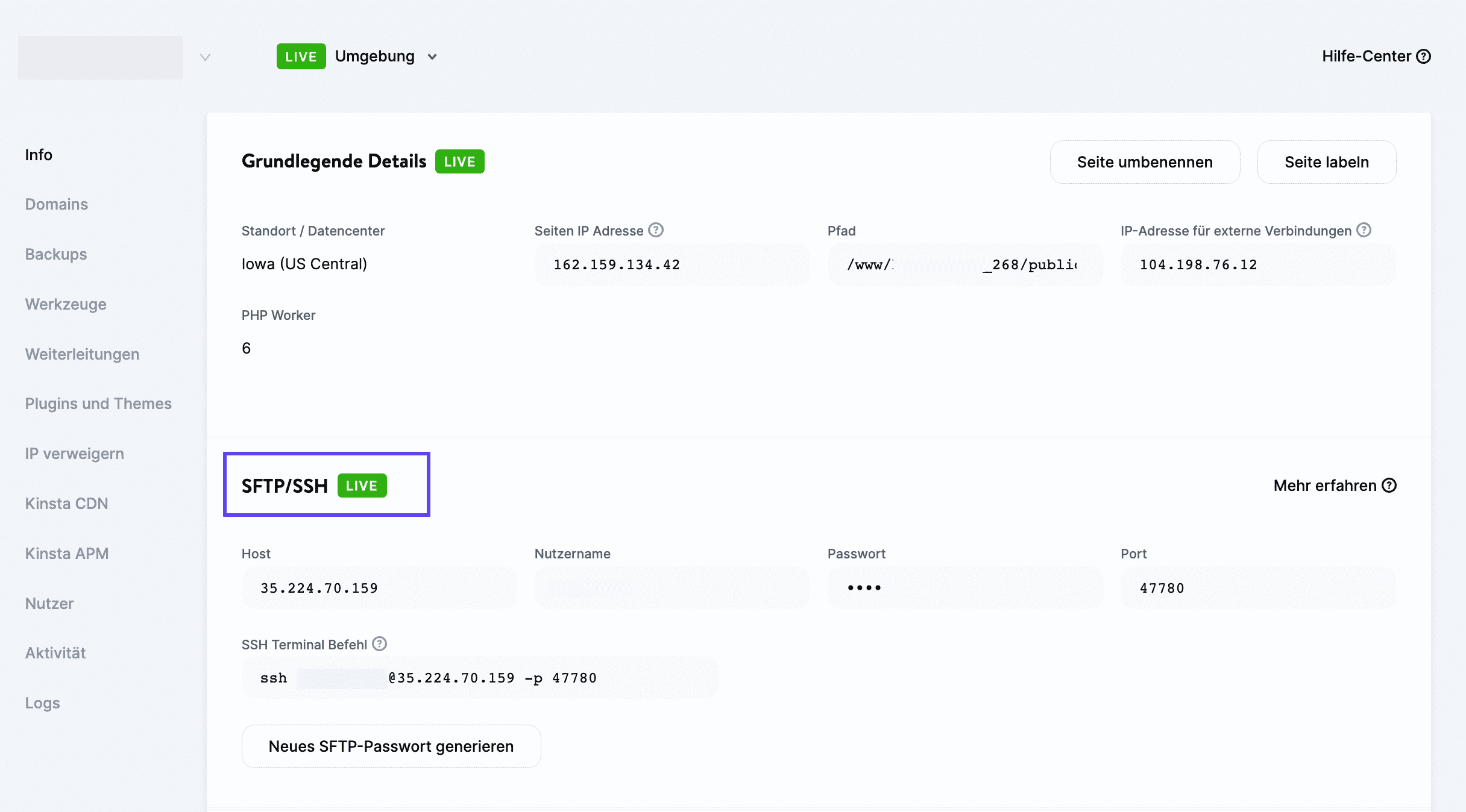 den Abschnitt SFTP/SSH finden