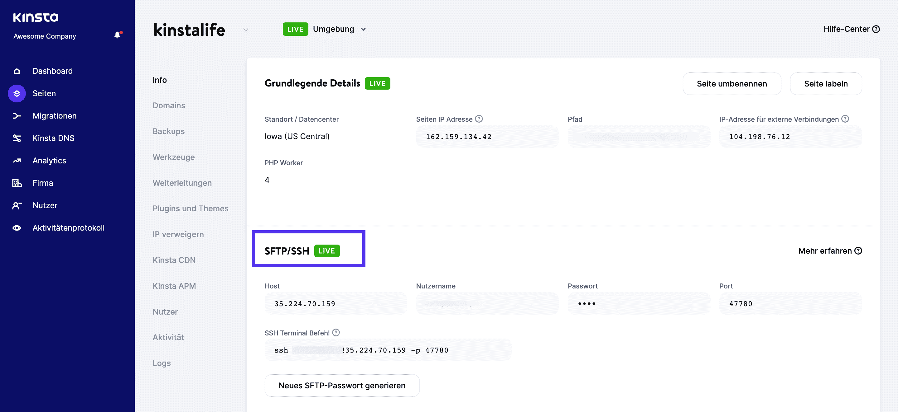 Navigiere zum Abschnitt SFTP/SSH