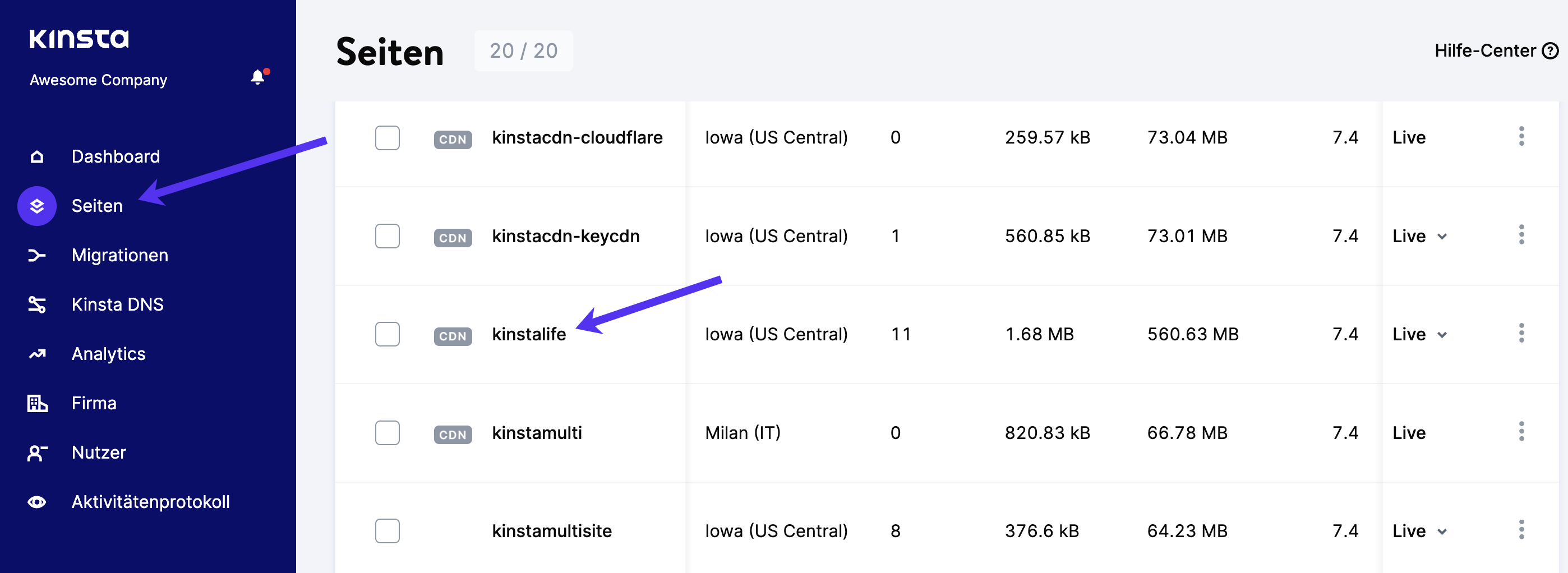 Klicke in MyKinsta auf Sites und wähle dann die Seite aus, mit der du dich verbinden möchtest