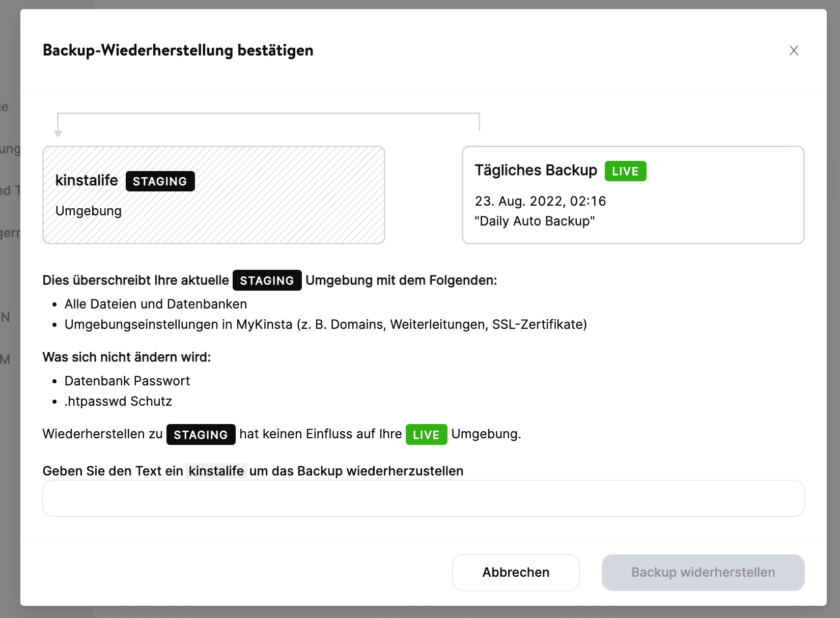 Bestätige die Wiederherstellung des Backups