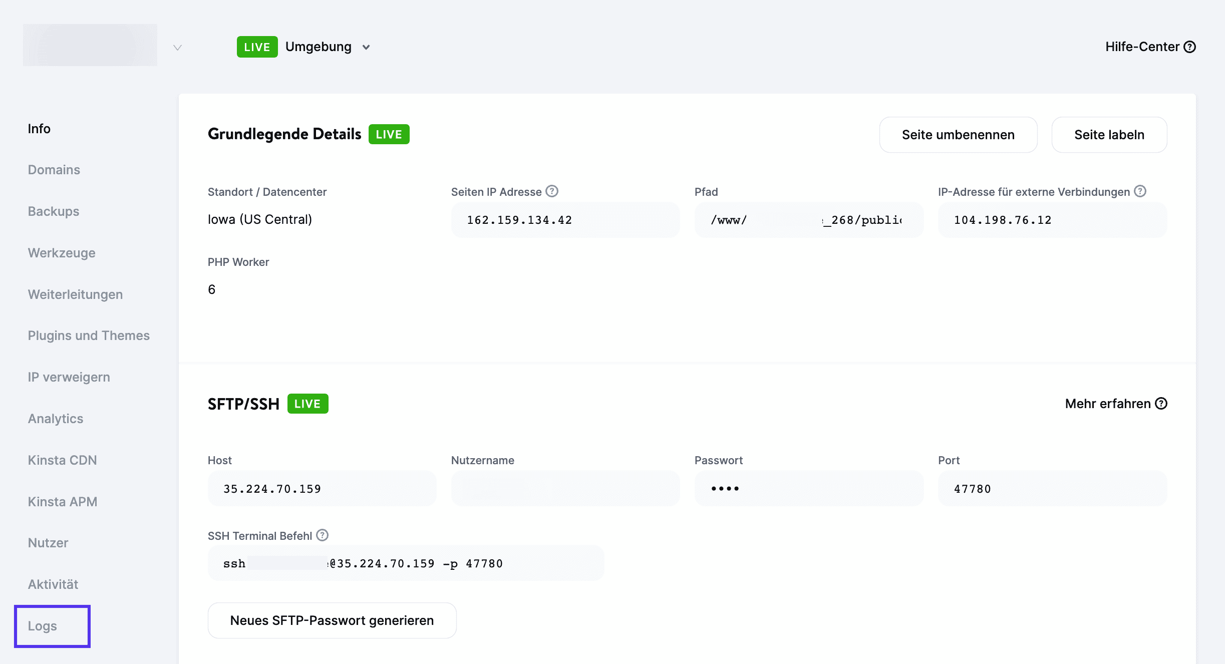 MyKinsta Logs