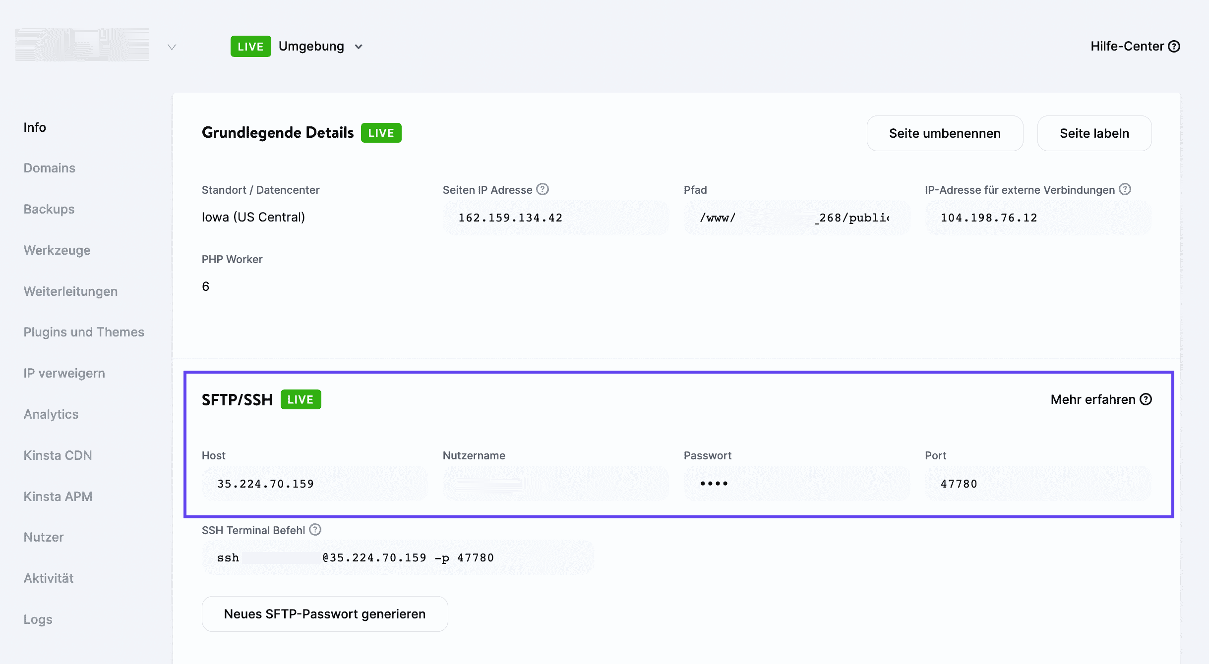 Finde den SFTP/SSH-Bereich