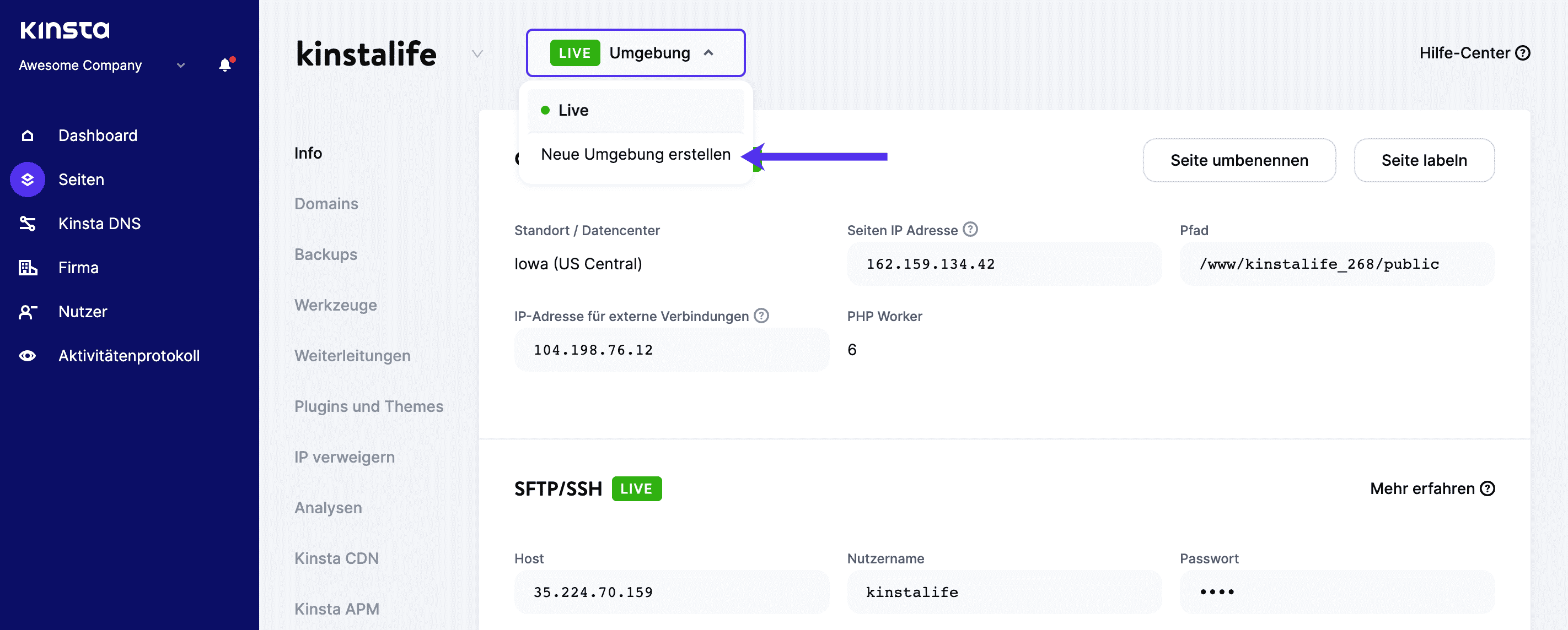 Erstellen einer neuen Staging-Umgebung in MyKinsta.