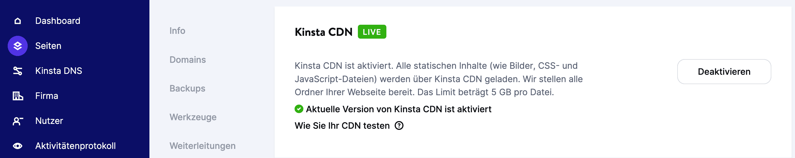 Deaktiviere die CDN-Integration für deine Website über das MyKinsta-Panel