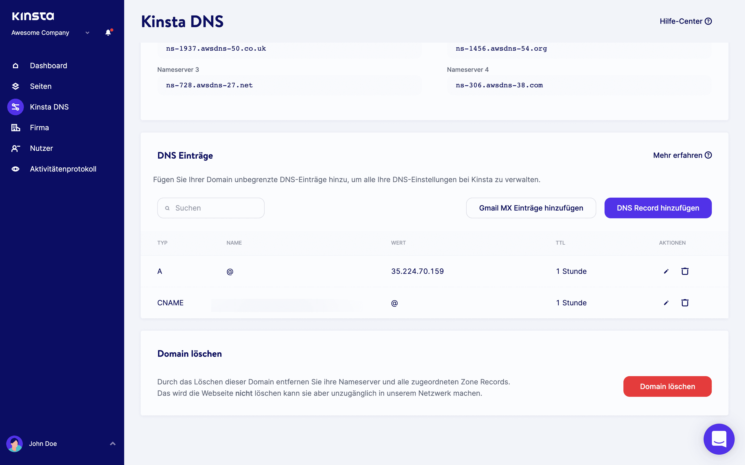 DNS-Einträge in MyKinsta