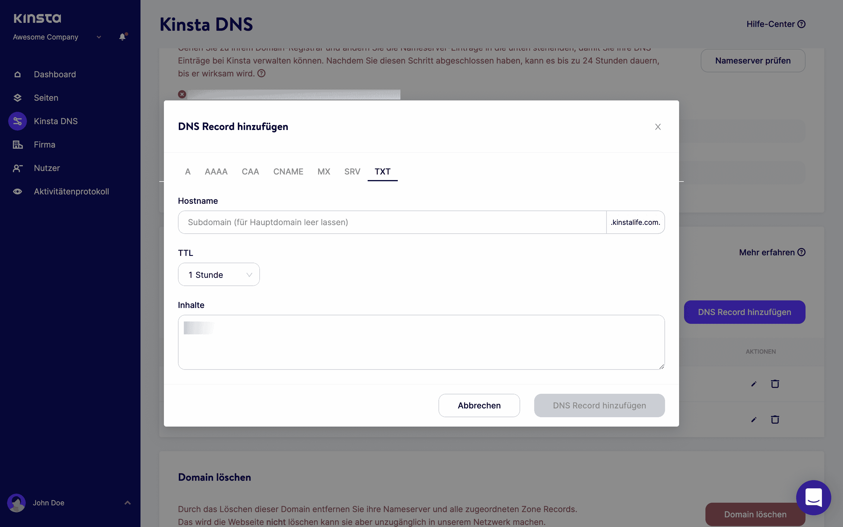 Hinzufügen eines DNS-Eintrags in MyKinsta