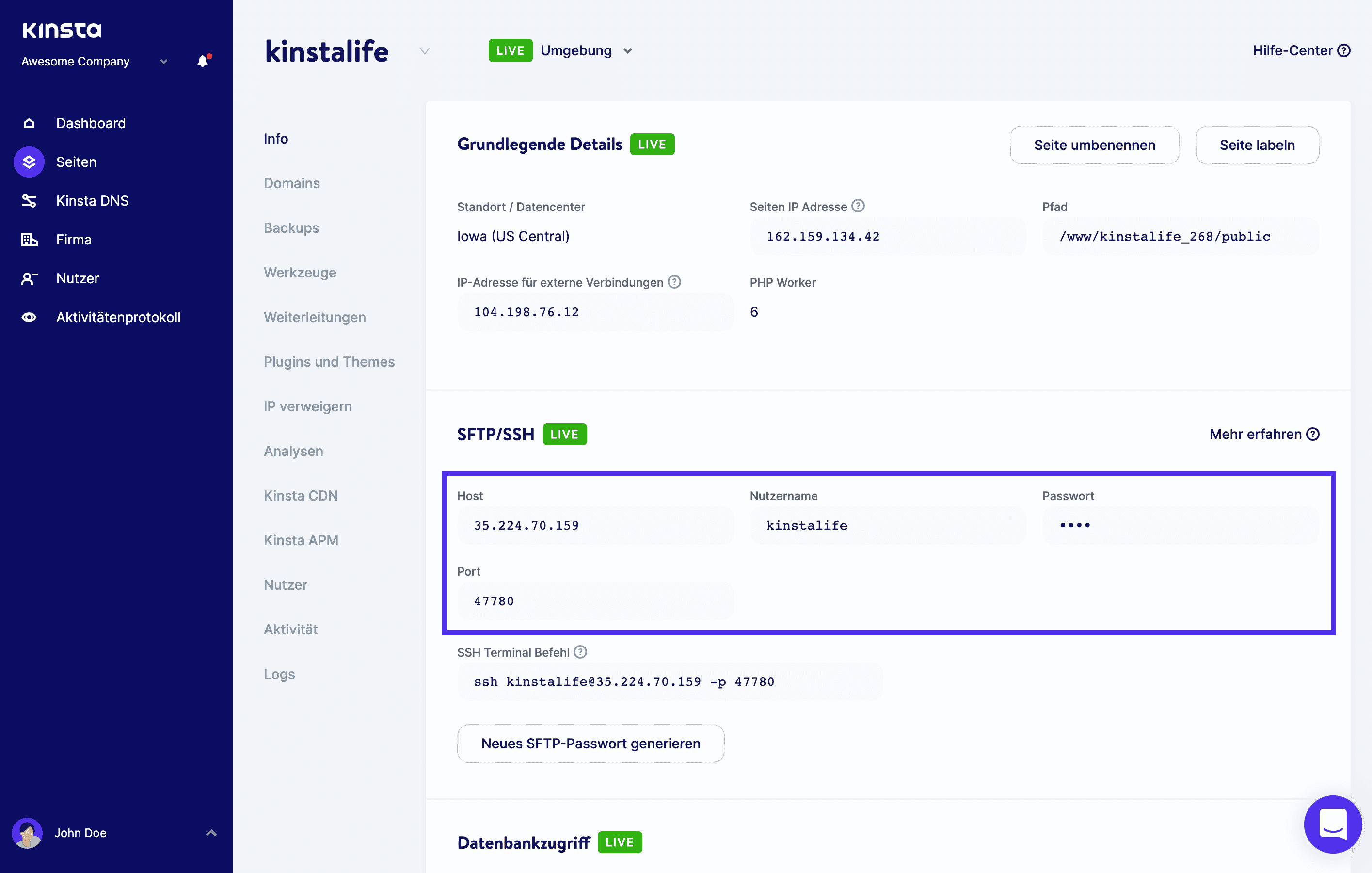 SFTP-Zugangsdaten aus dem MyKinsta-Dashboard sammeln