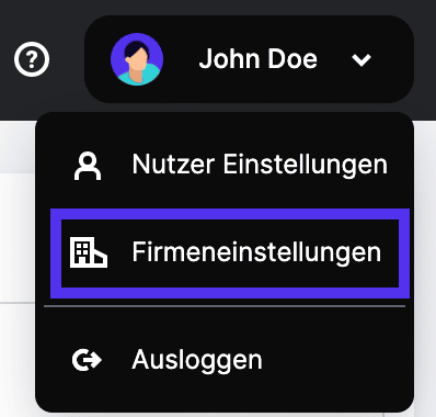 Zugriff auf die Unternehmenseinstellungen über die obere Navigationsleiste.