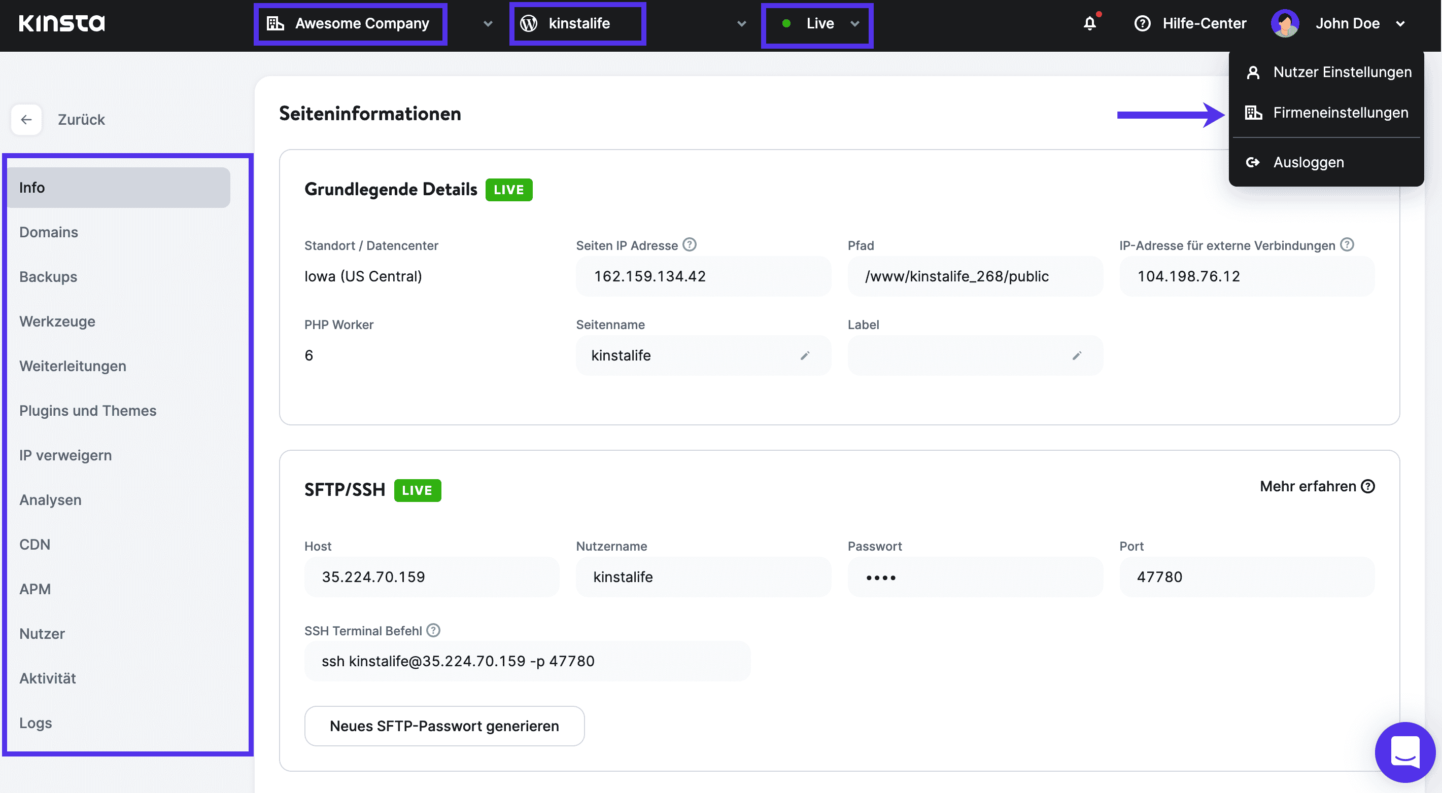 Eine Ansicht auf Standortebene im neuen MyKinsta-Dashboard.